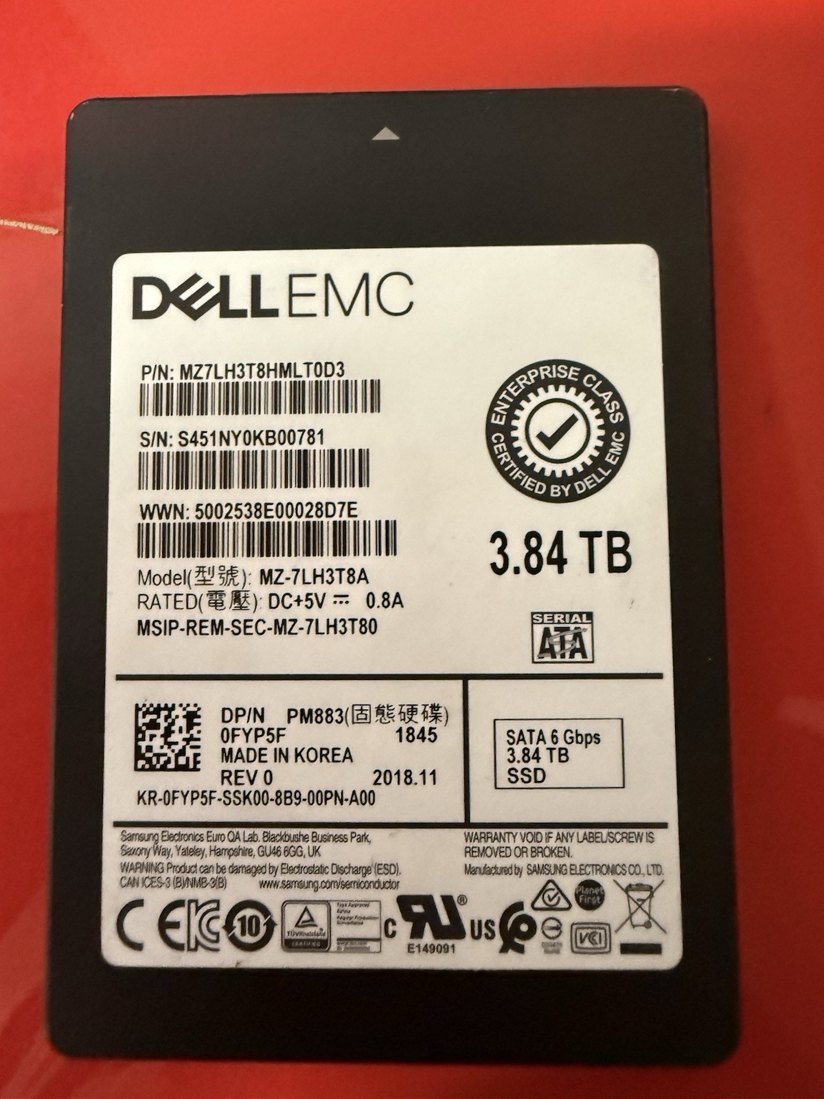 Dell MZ-7LH3T8A 3.84TB 2.5″ 6Gb/s SATA Solid State Drive Dell P/N: 0FYP5F Tested