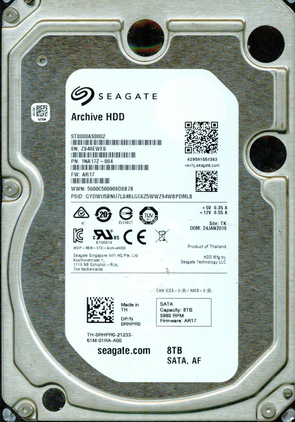 ST8000AS0002, 1NA17Z-004, AR17, TK, Z840, SEAGATE 8TB JAN 2016