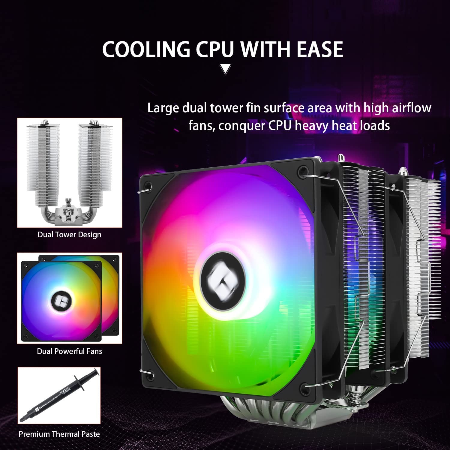 High Performance CPU Cooler – 7 Heat Pipes, 1500 RPM Fans, Silent Operation