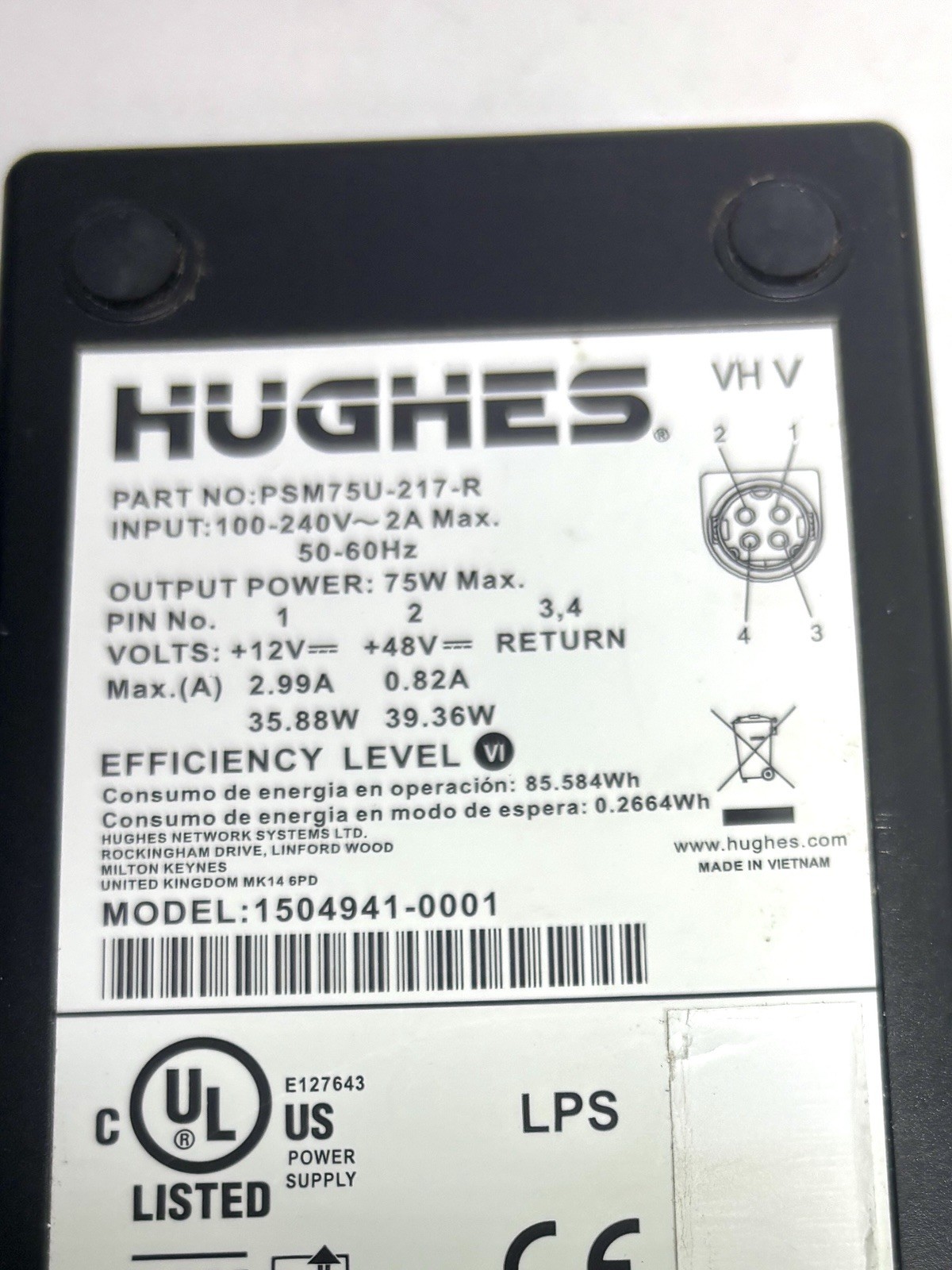 Hughes 75W Power Supply Adapter PSM75U-217-R 1504941-0001 12V 48V