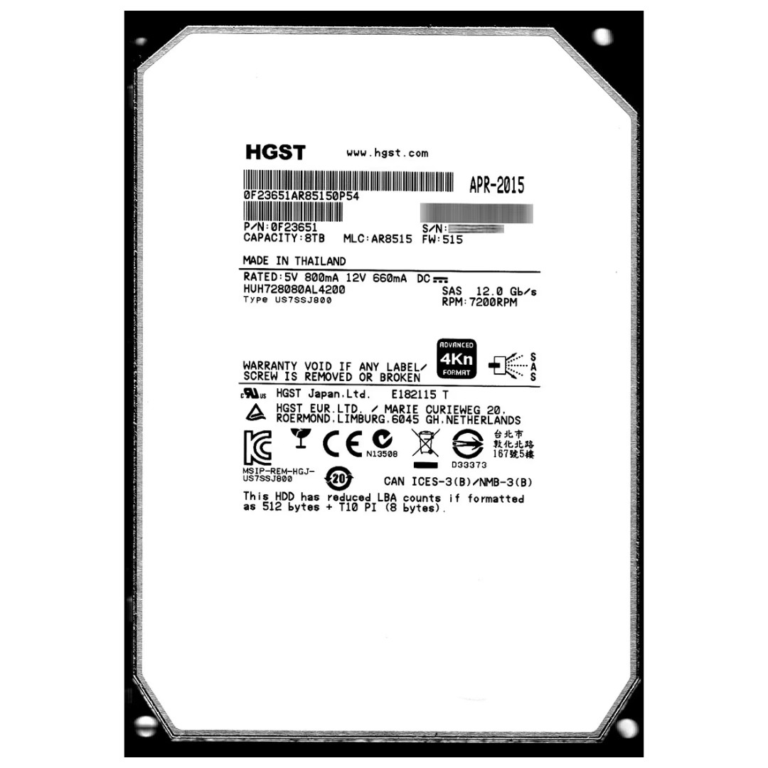 HGST He8 8TB 7.2K 12Gb/s SAS 3.5″ Helium HDD HUH728080AL4200 0F23651 PARTS ONLY