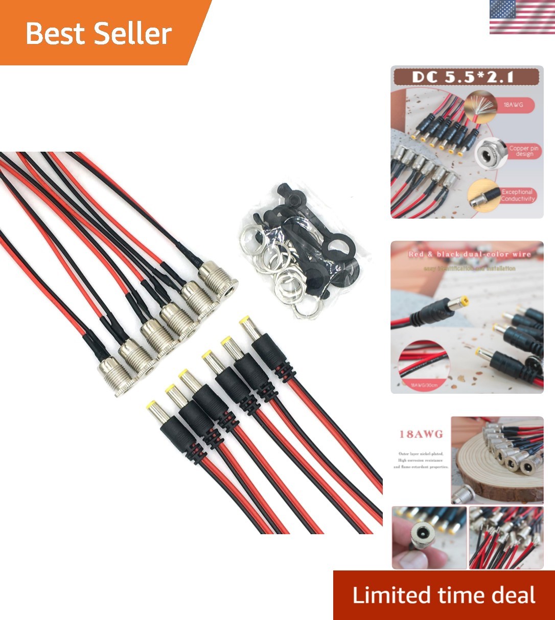 Durable 5.5 x 2.1 mm Female Panel Mount Connectors with Windproof Cap – 6 Pack