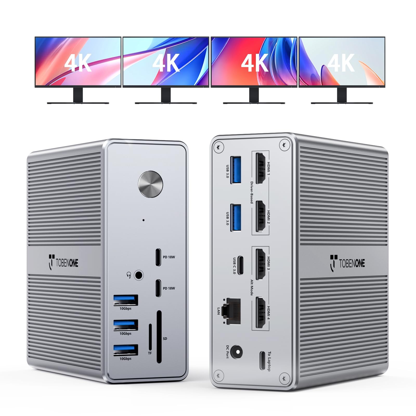 TobenONE DisplayLink Docking Station 4 Monitor with 4 HDMI, 18-in-1 Q