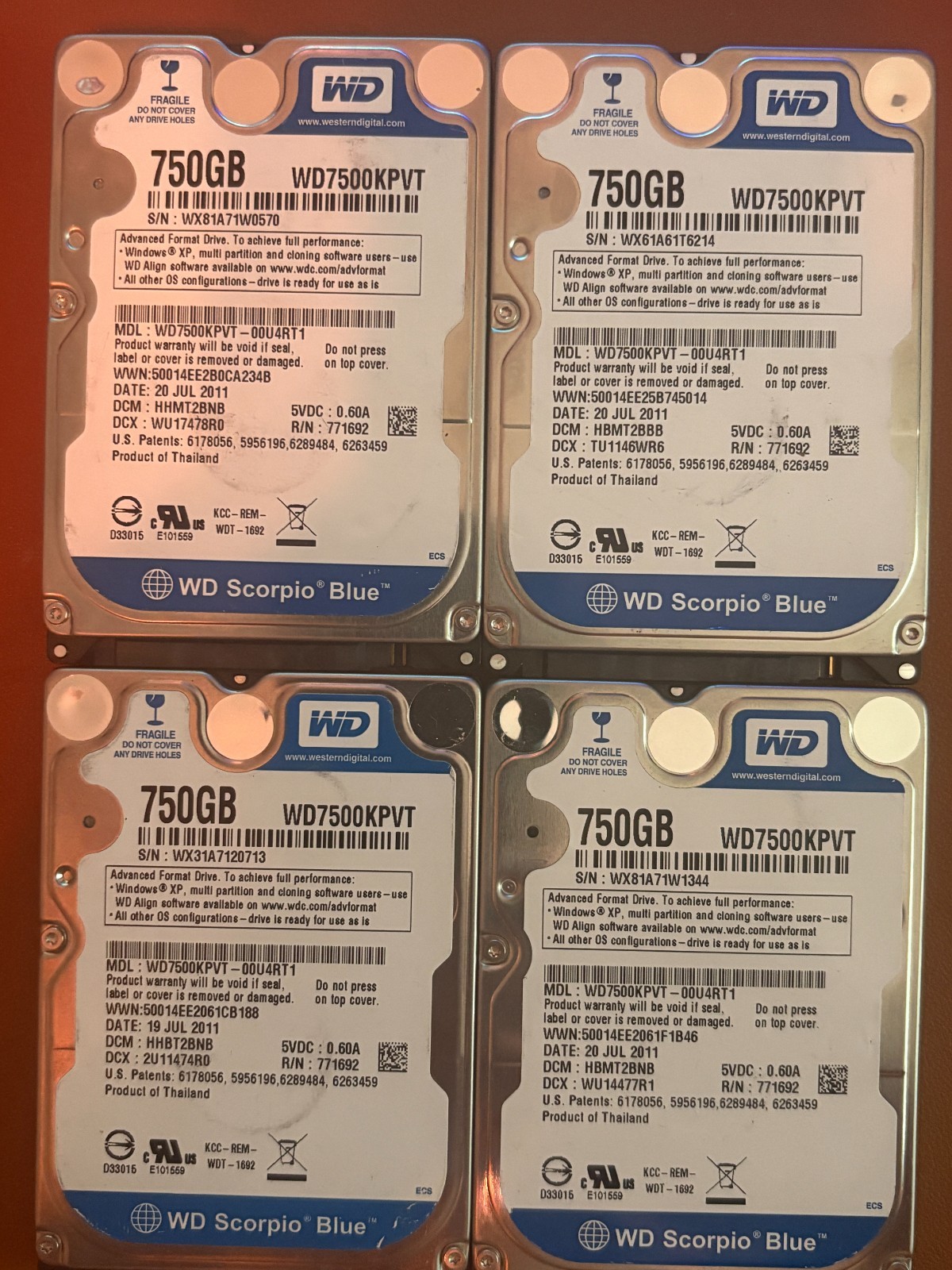 WD Scorpio Blue 750GB Internal 5400RPM 2.5″ (WD750KPVT) HDD 9.5mm lot of 4