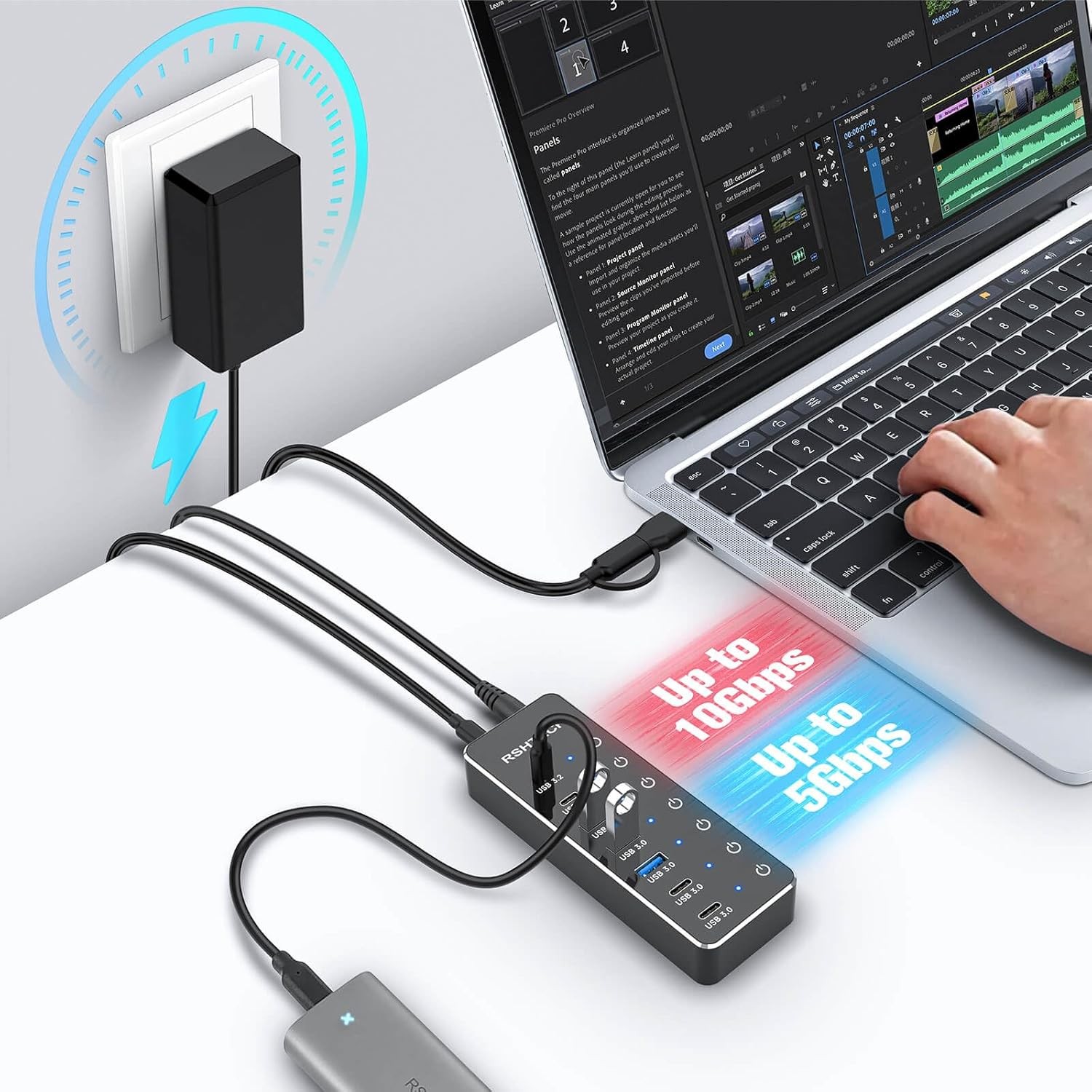 7-Port Powered USB 3.2/USB-C Hub Splitter with 3 X 10Gbps USB-3.2 Ports (2C + 1A