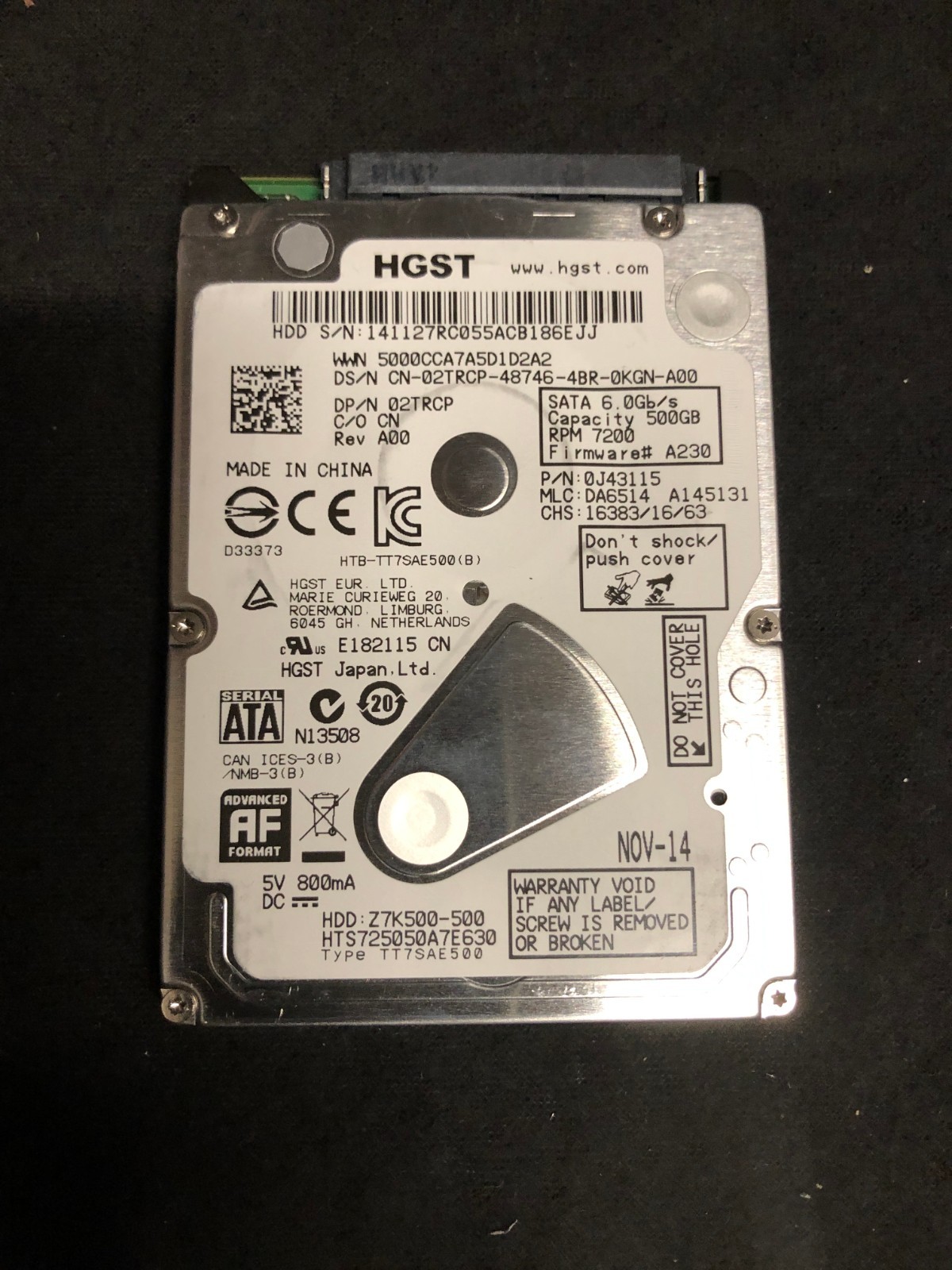 HGST 2.5″ 500GB SATA Hard Drive, 7200RPM, 3GBps, Z7K500-500, HTS725050A7E630