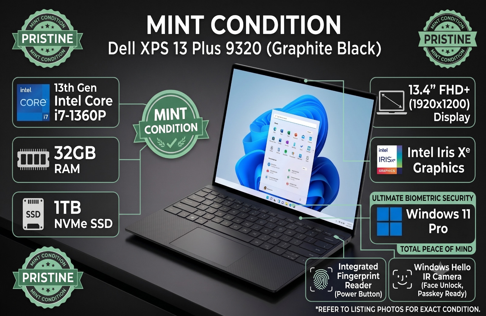Dell XPS 9320 MINT Black i7-1360P 32GB 1TB | Win 11 Pro | Fingerprint + Face
