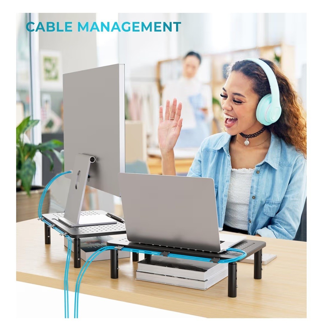 BONTEC Adjustable Metal Laptop Stand, Black, 14.5×9.1in, Cable Management, Pen …