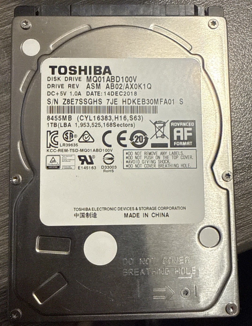 TOSHIBA 1TB MQ01ABD100V 5400RPM SATA 3.0Gb/s 2.5″ Internal Notebook Hard Drive