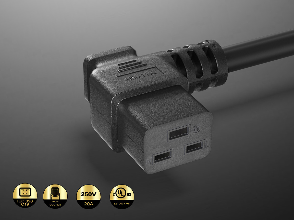6ft C20 to Left Angle C19 Power Cord 12AWG 20A/250V UL, Black