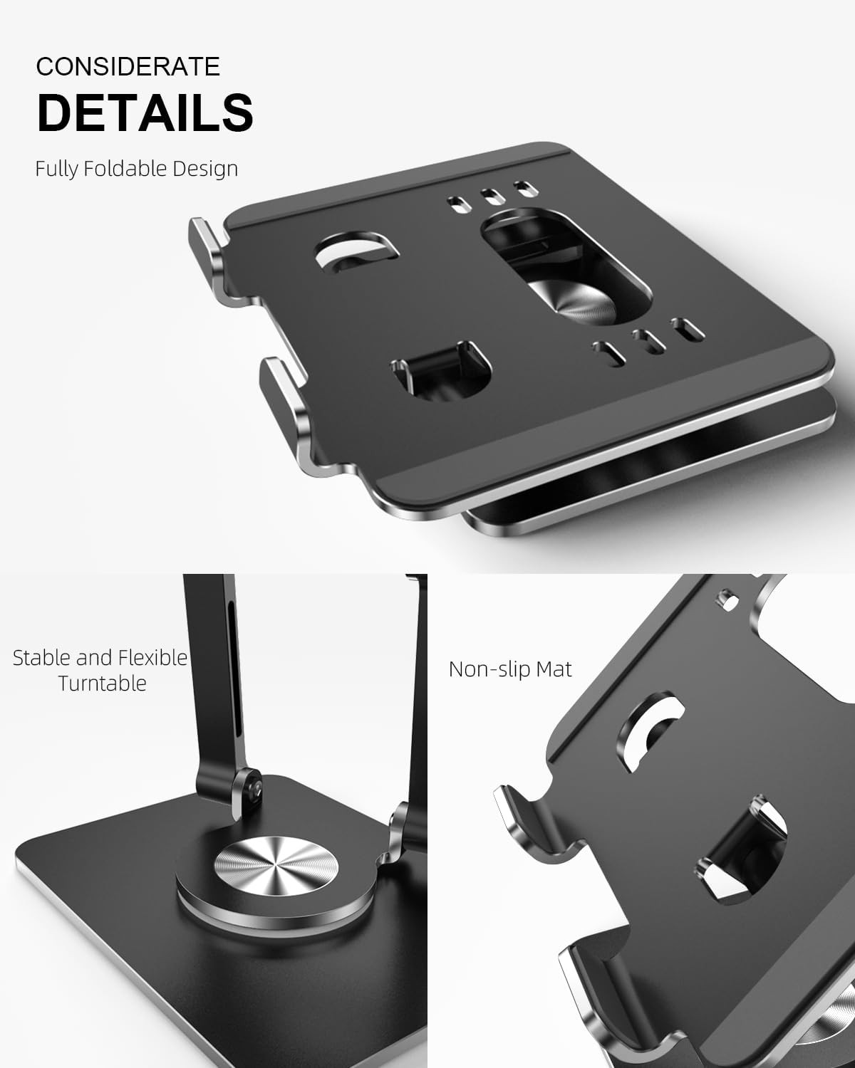 Tablet Stand Holder with Thickened 360°Rotating Base Dual Rod Adjustable Aluminu