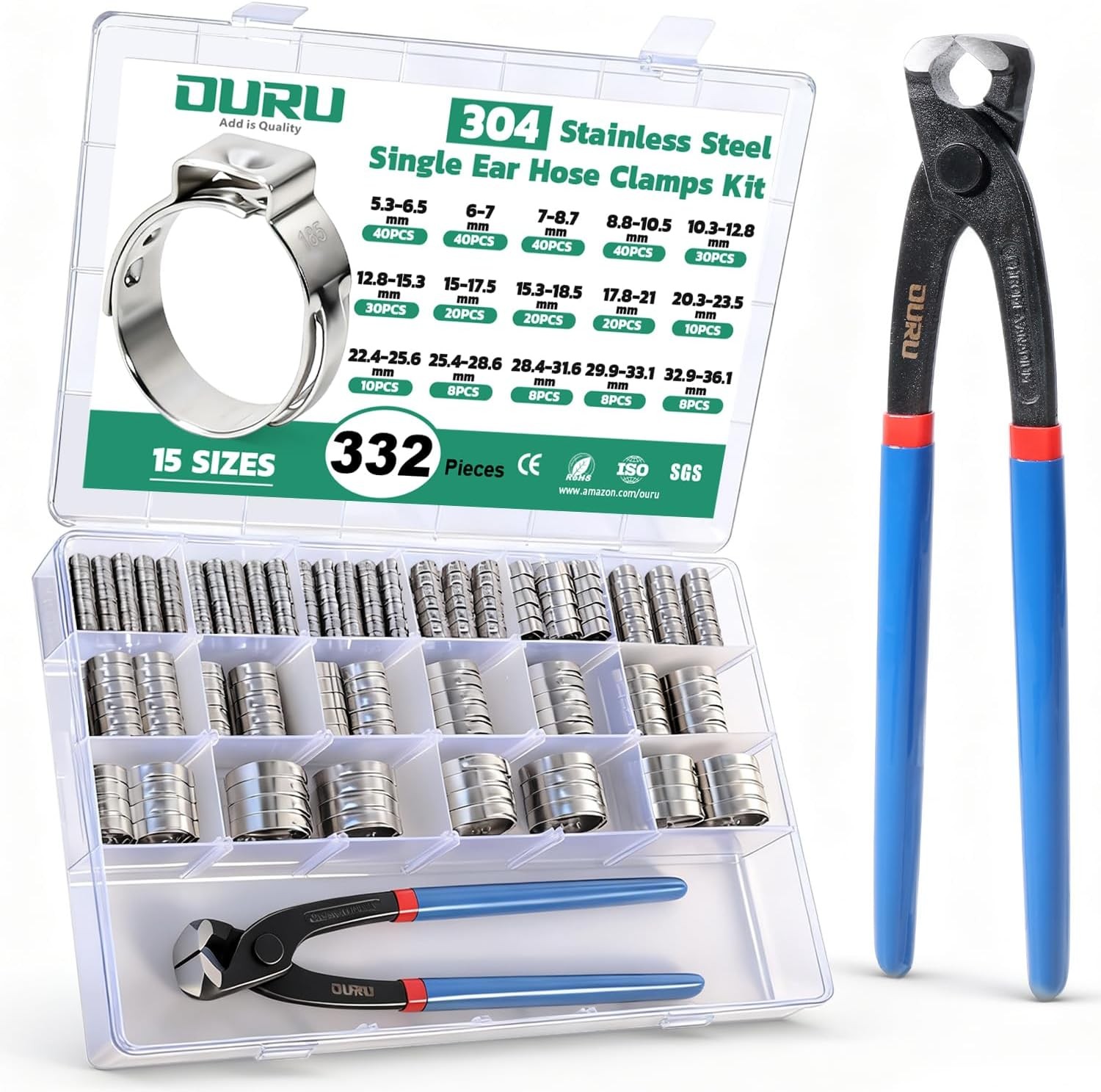 332 PCS 5.3-36.1mm Single Ear Hose Clamps, 304 Stainless Steel Assortment Kit
