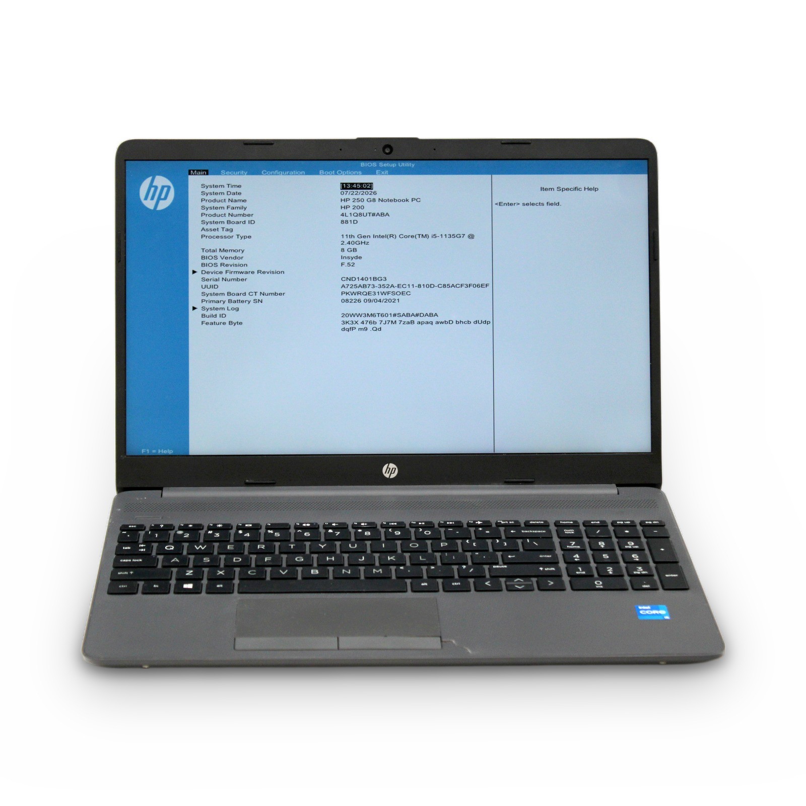 HP 250 G8 15.6in i5-1135G7 8GB DDR4 FHD Grade B No OS, Drive, Power Cord