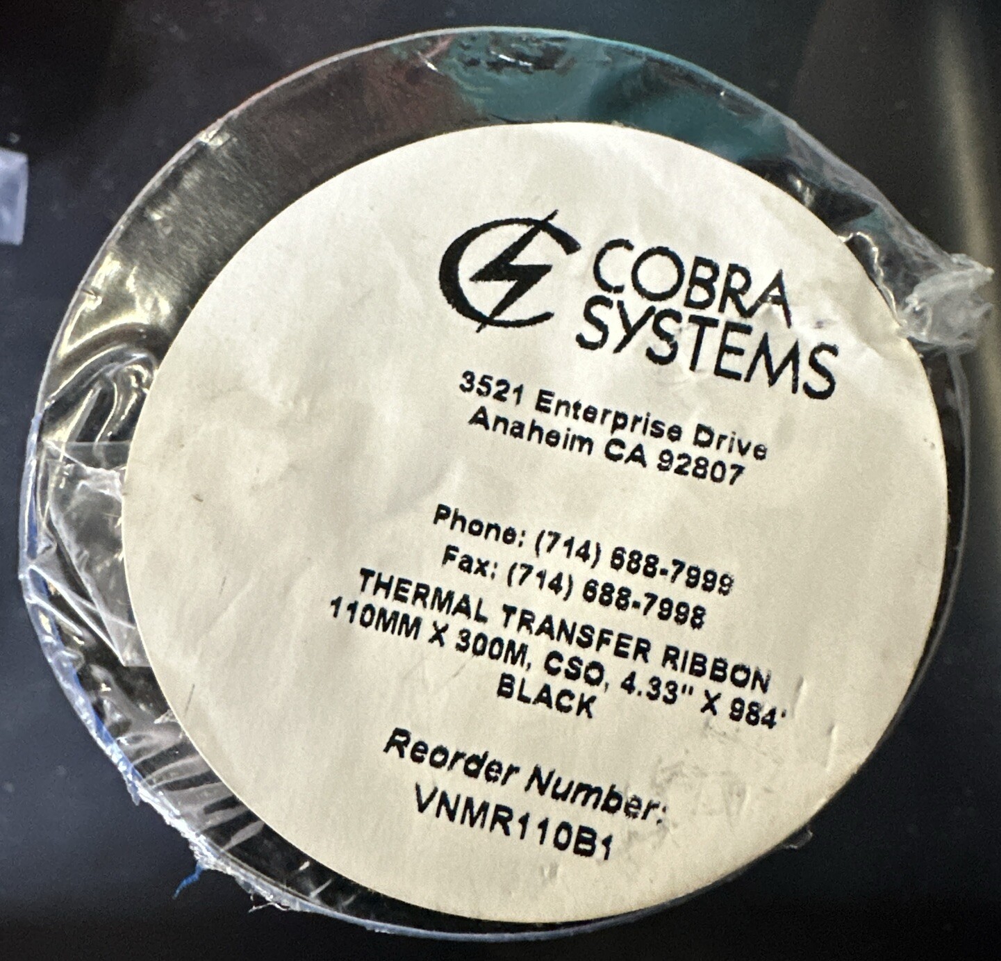 Thermal Transfer Film Cobra Systems #VNMR110B1 Black FH Resin300.0 M (Loc A-2)