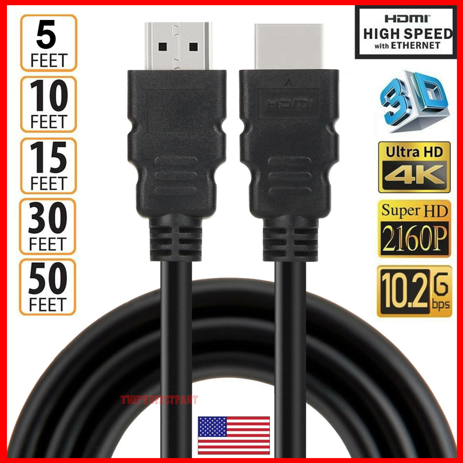 HDMI Cable 2.0 4K 3D HDTV PC XBOX ONE PS4 High Speed Plug 5 10 15 30 50 FEET LOT