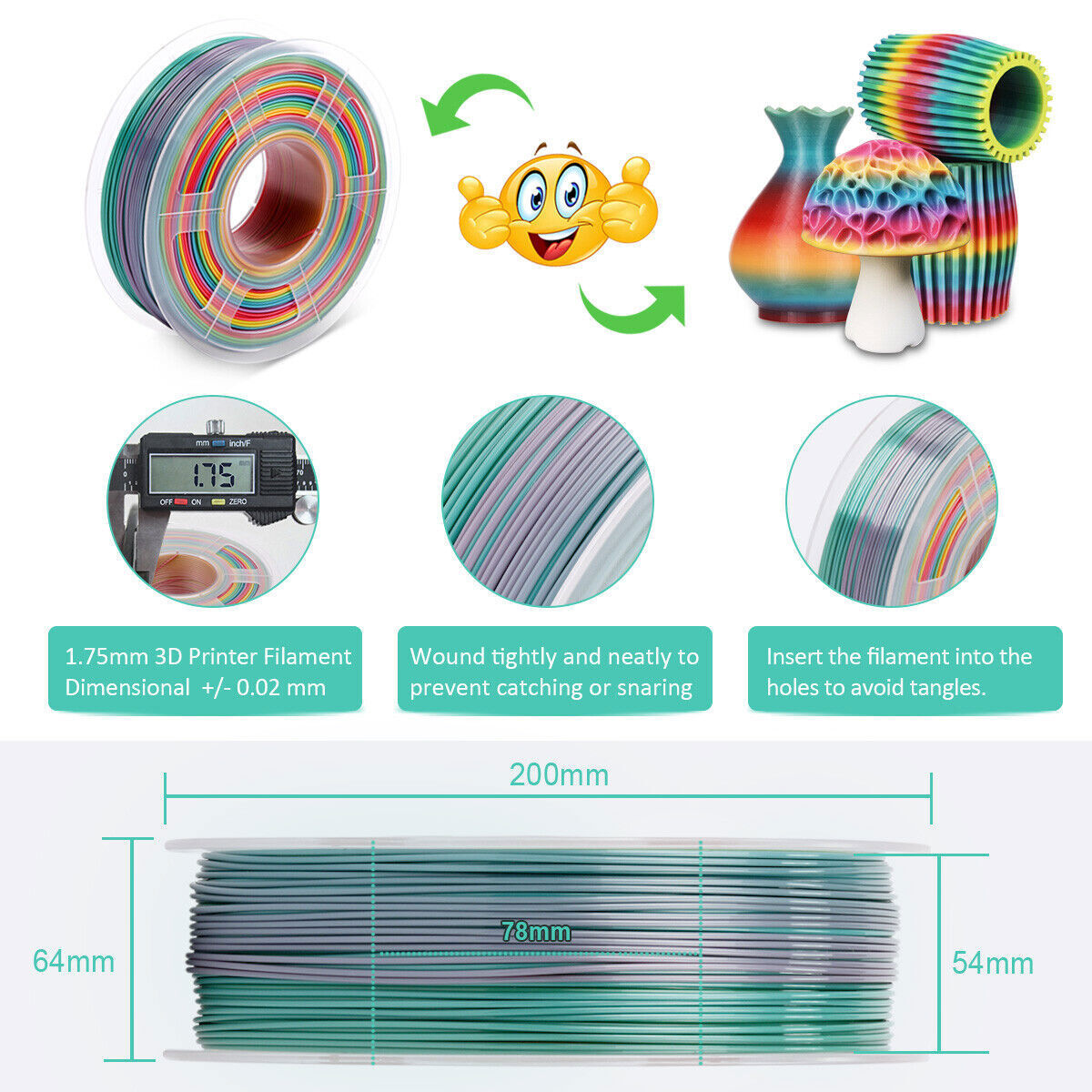 JAYO Rainbow PLA 3D Printer Filament 1.75MM 1.1KG Colorful Low Shrinkage ±0.02mm