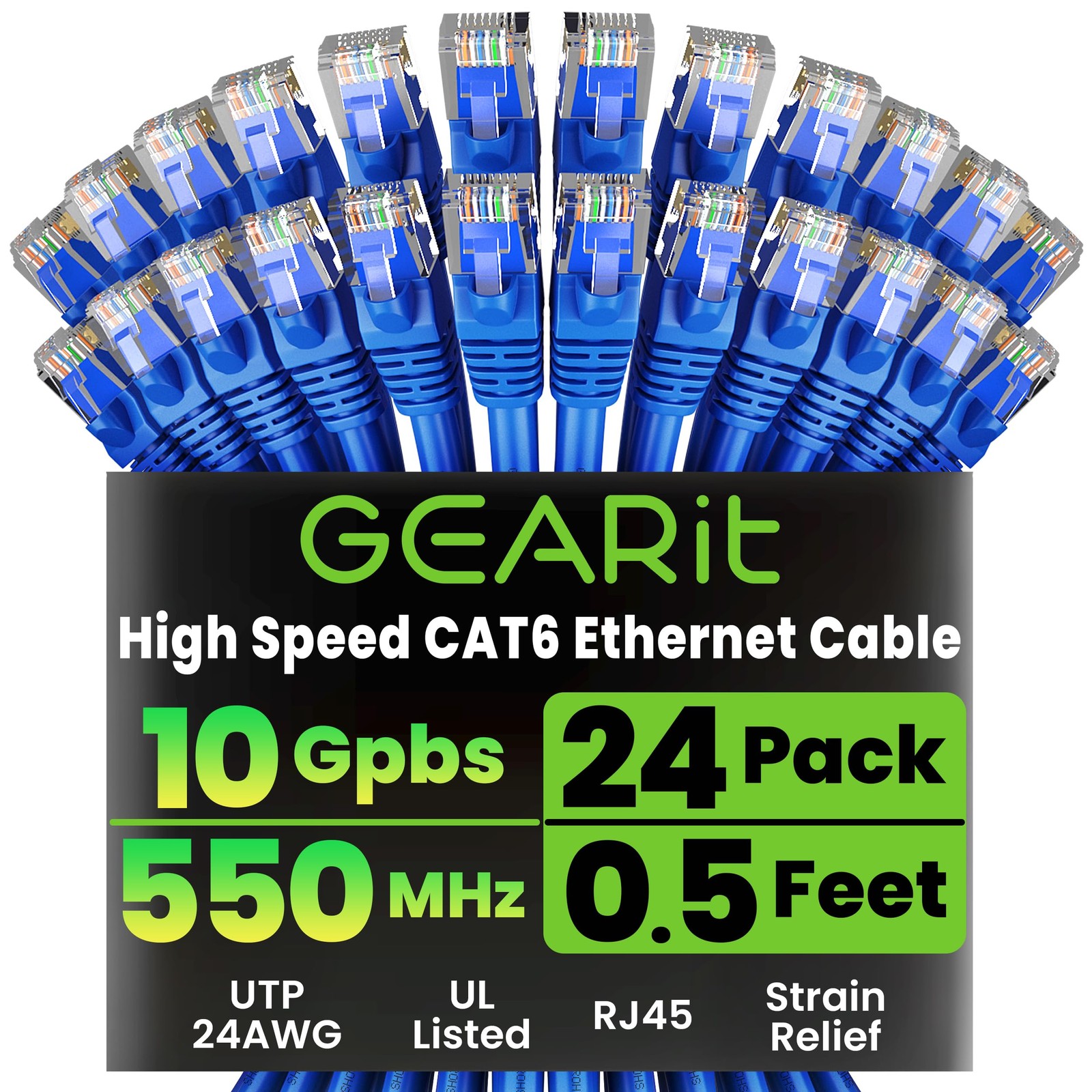 Cat 6 Ethernet Cable 24 Pack 0.5 FT Patch RJ45 Snagless Gold-Plated Blue
