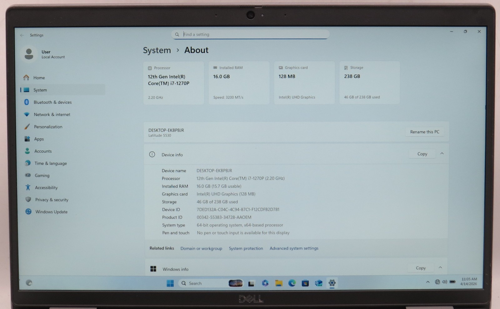 Dell Latitude 5530 i7-1270P @ 2.20GHz 16GB DDR4 256GB NVME Win11 Pro