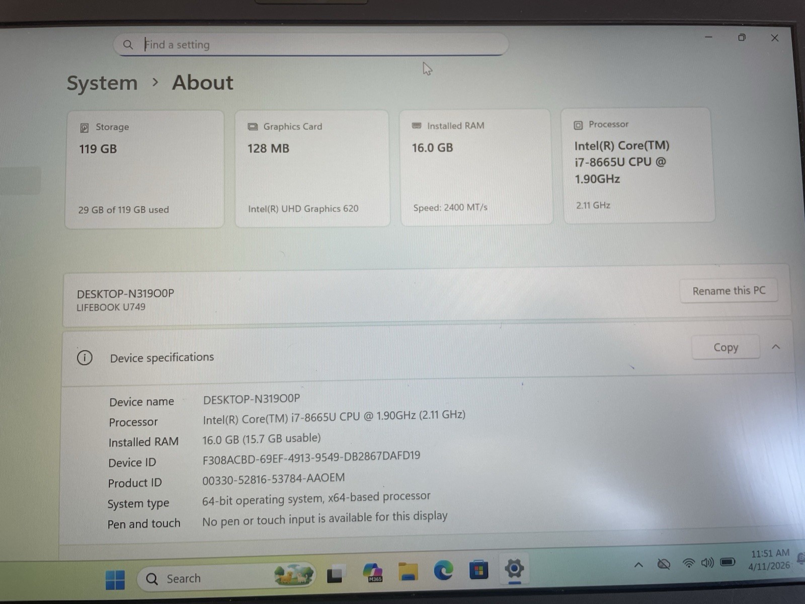 Fujitsu Lifebook U749 128gb Nvme Win 11 i7-8665u 4 Core 2.11ghz 16gb RAM HDMI 8