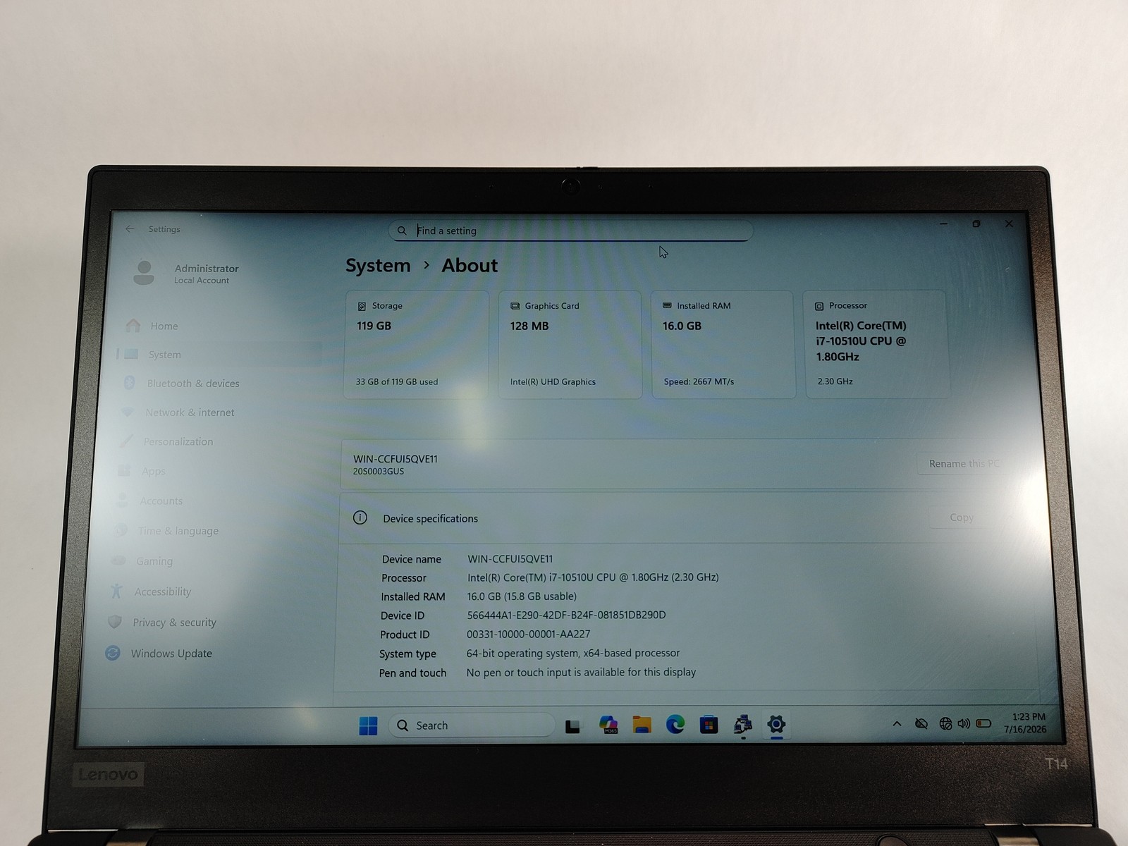 Lenovo ThinkPad T14 Gen 1 Core i7-10510U 1.80 GHz 16 GB DDR4 128 GB M.2 Windows