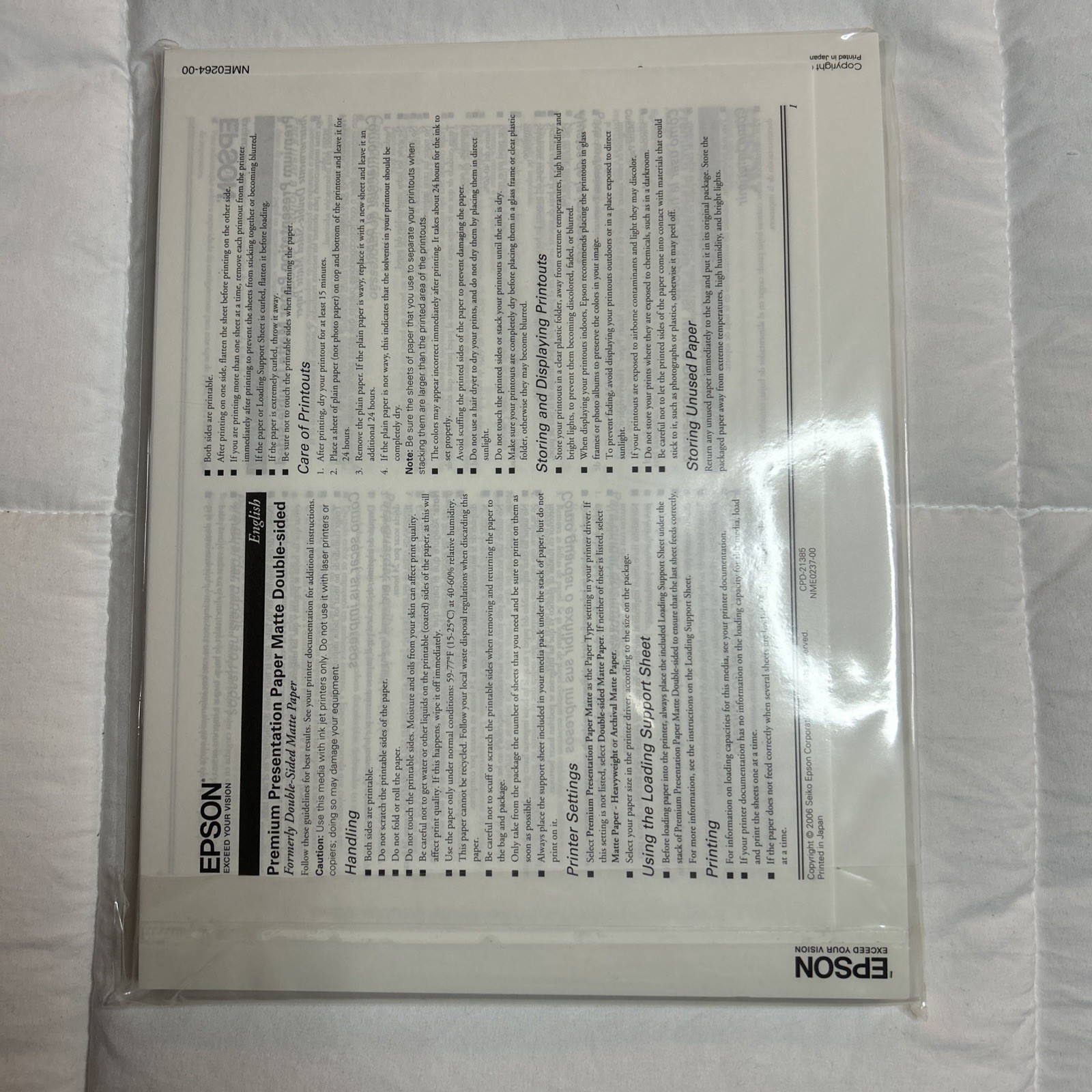 Epson S041568 Premium Matte 8.5” x 11”Paper – (50/PK) New