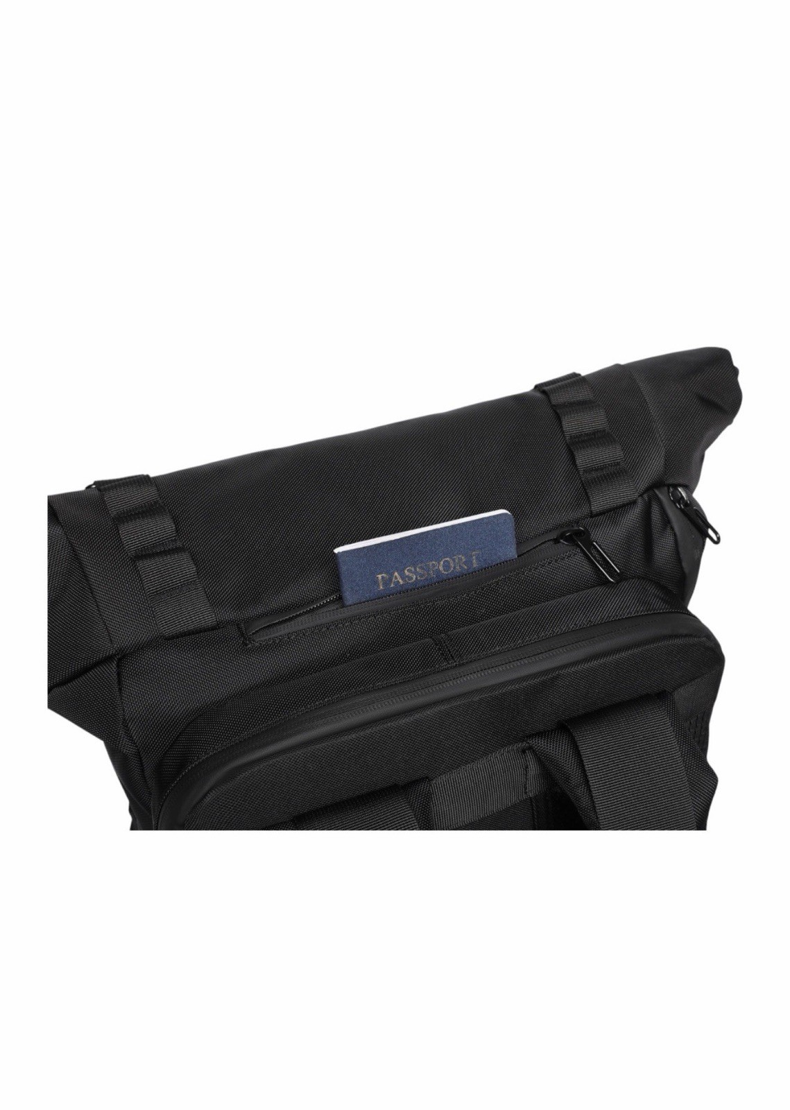 VERIA Black Roll-Top Nylon Laptop Backpack 15in, Padded Straps, Water Resistant