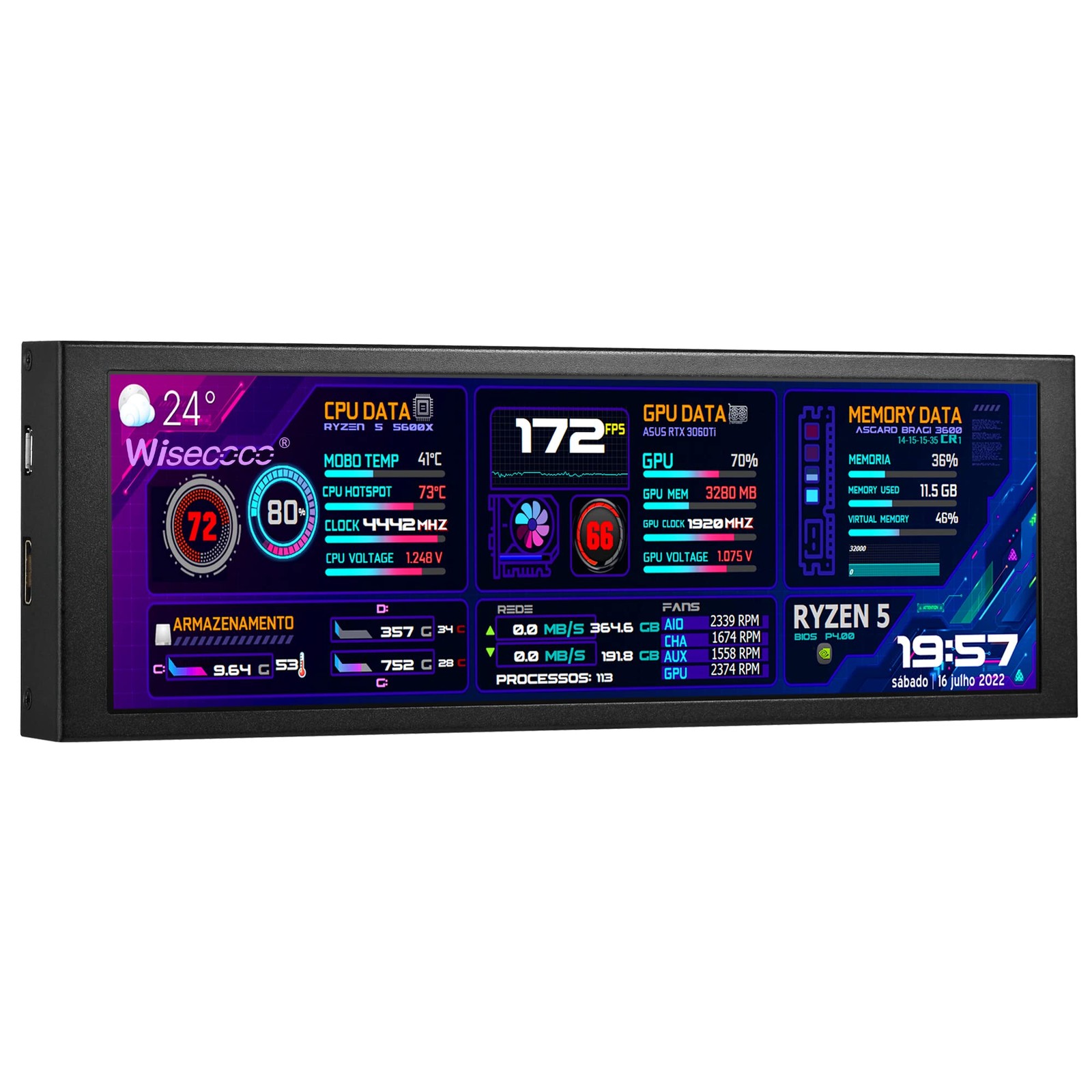 wisecoco 7.84 Inch Mini Monitor HD IPS 1280×400 Secondary Screen Stretched Ba