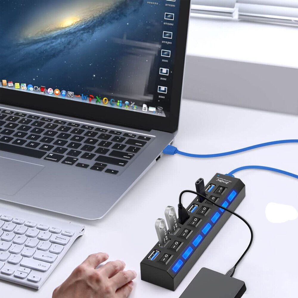 USB 3.0 Hub 7 Port On/Off Switch High Speed Splitter AC Adapter Cable PC Laptop