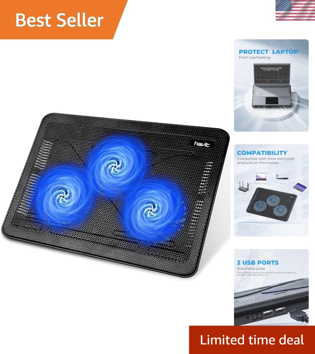 Sleek 3-Fan Laptop Cooling Pad for 15.6″-17″ Devices – Ultra Quiet Operation
