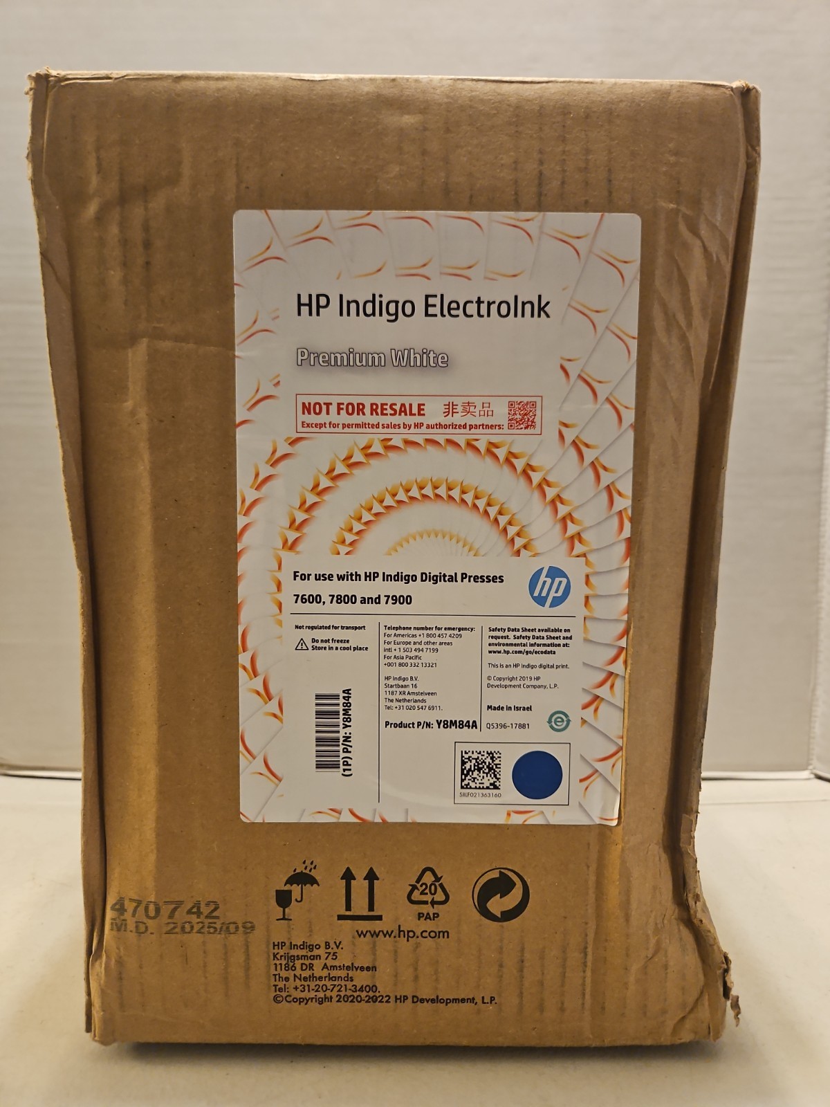 HP Indigo ElectroInk Premium White Ink Y8M84A For Series 7600 7800 7900 4-Pack