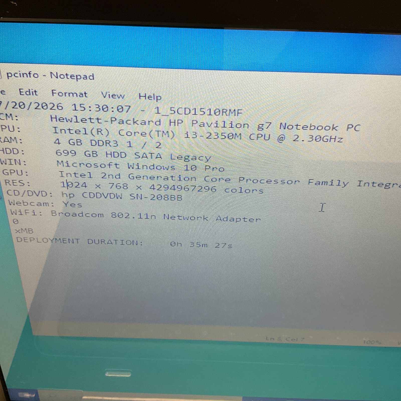 HP Pavilion g7 Laptop Intel Core i3-2350M @ 2.30 GHz 4GB 750GB HDD Win 10 Pro