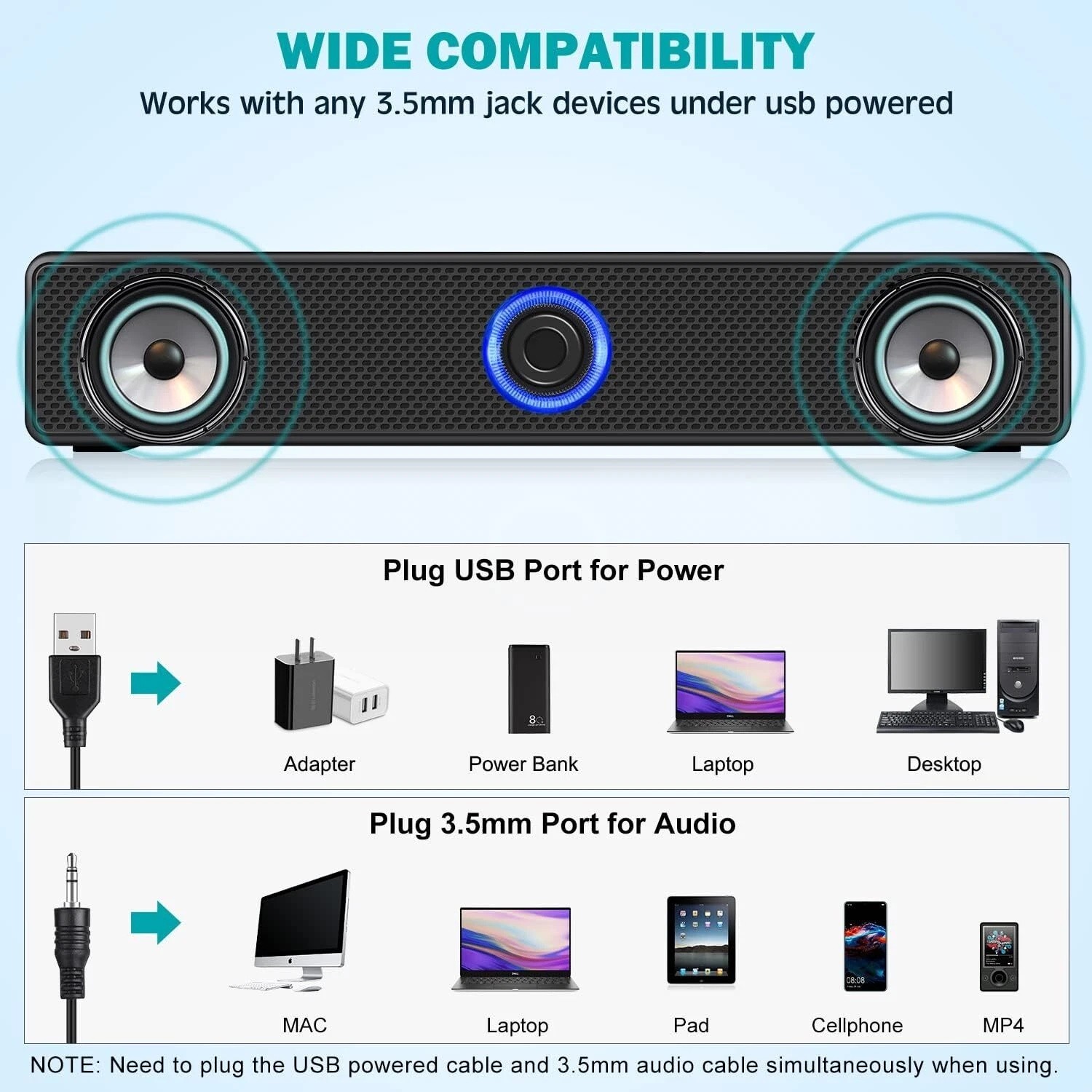 Stereo Bass Sound Computer Speakers 3.5mm USB Wired Soundbar for Desktop Laptop