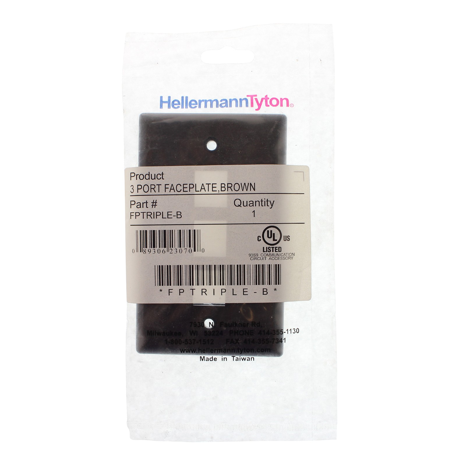 HELLERMANN TYTON FPTRIPLE-B STANDARD 1-GANG 3 PORT FACE-PLATE, PLASTIC, BROWN