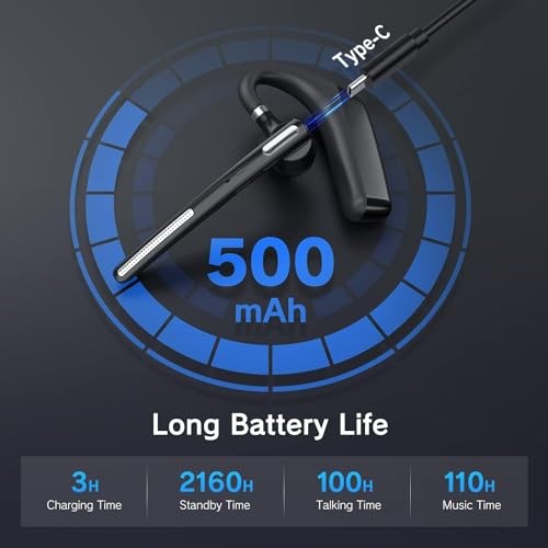 Bluetooth Headset – Wireless Headset with Microphone – 90 Days Standby/110 Day
