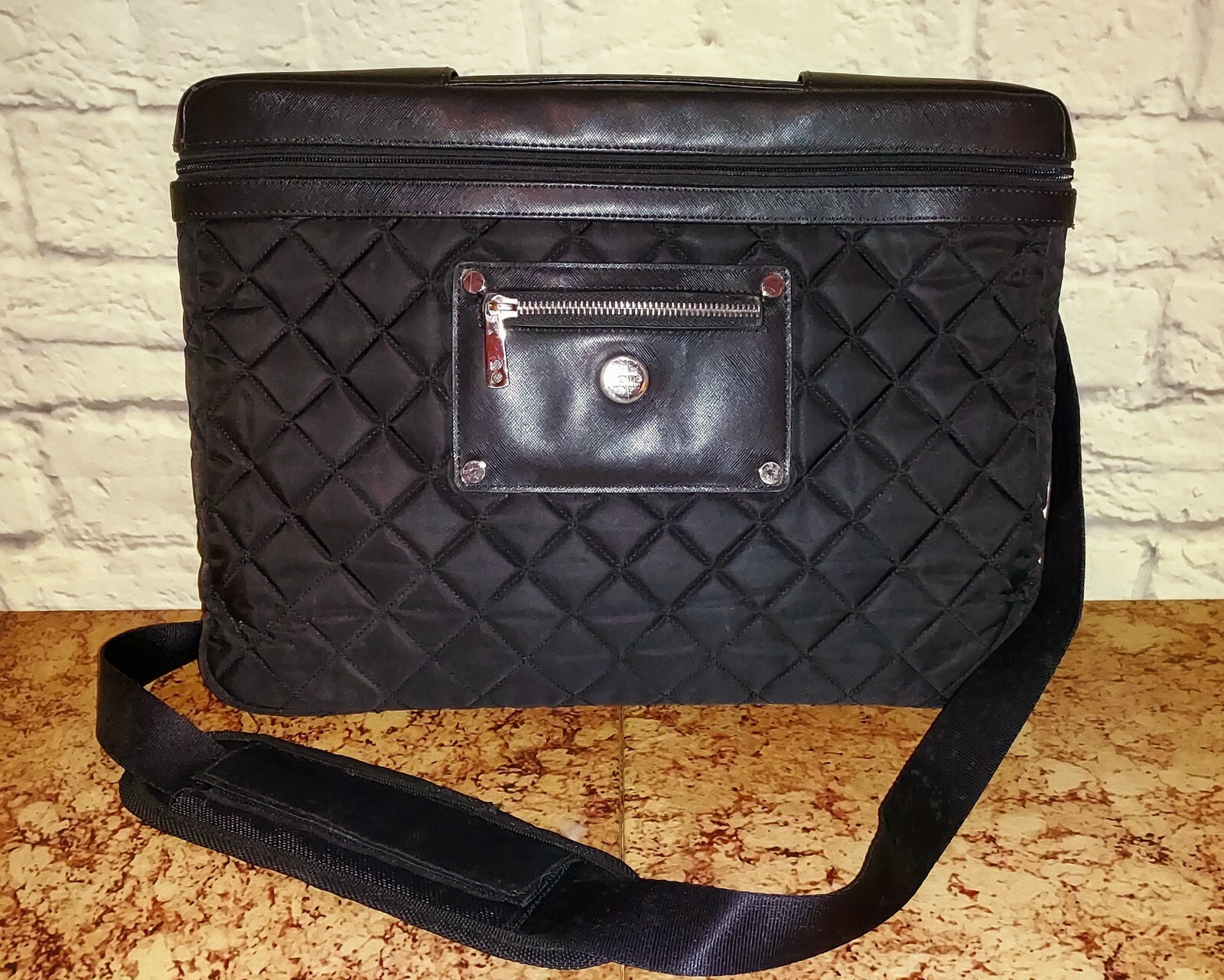 Knomo London Black Nylon Leather Quilted Laptop Shoulder Bag 15×11″