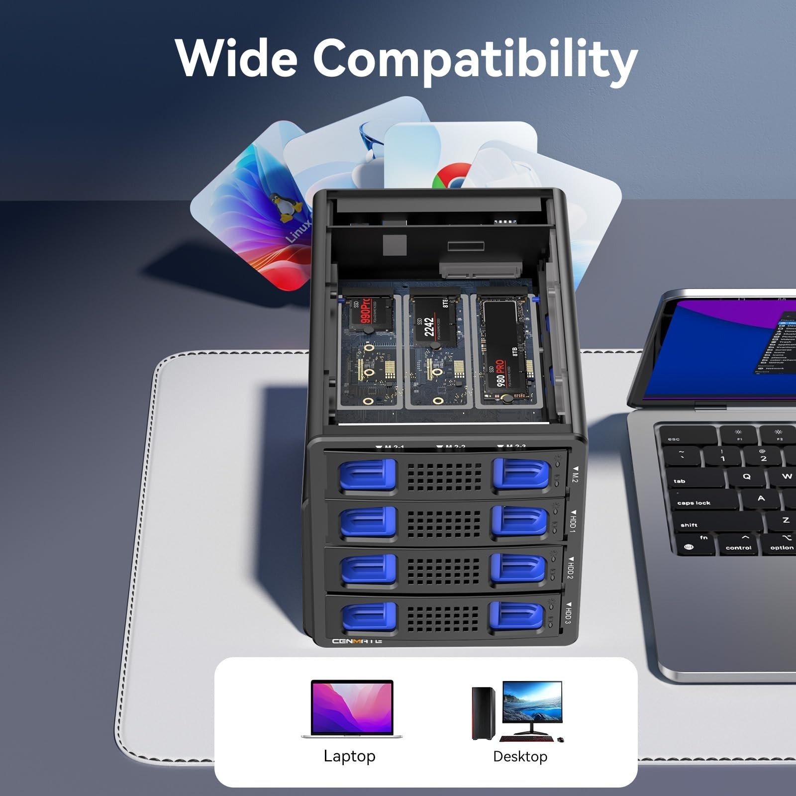 Hybrid SATA HDD/SSD Enclosure with Cooling Fan, USB 3.2 Gen 2, Supports 90TB Sto