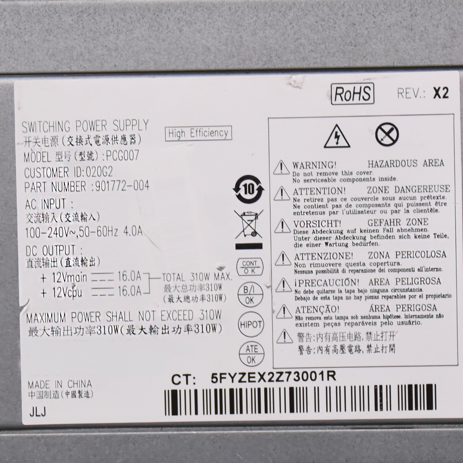 Power Supply DPS-310AB-1A PCG007 937516-004 for HP 280 288 G3 MT 310W