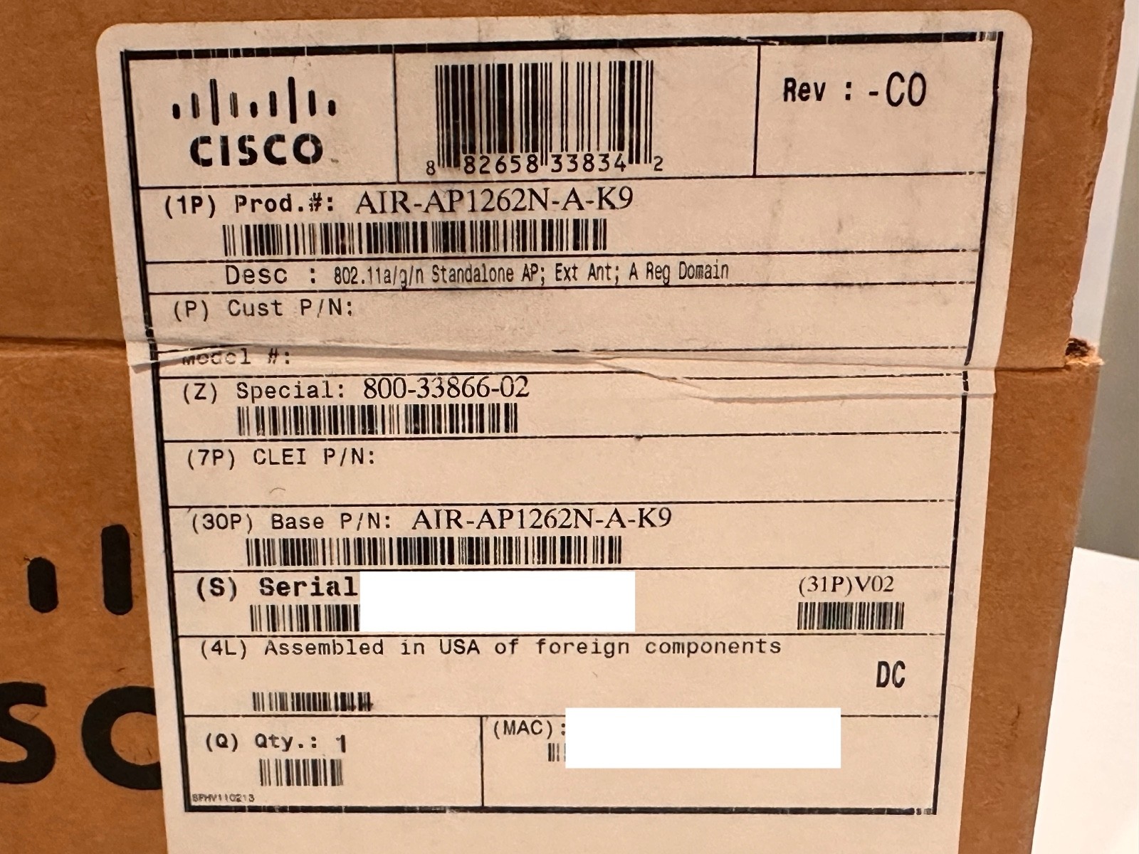 Cisco Aironet AIR-AP1262N-A-K9 Wireless Access Point No Antennas Wireless a/g/n