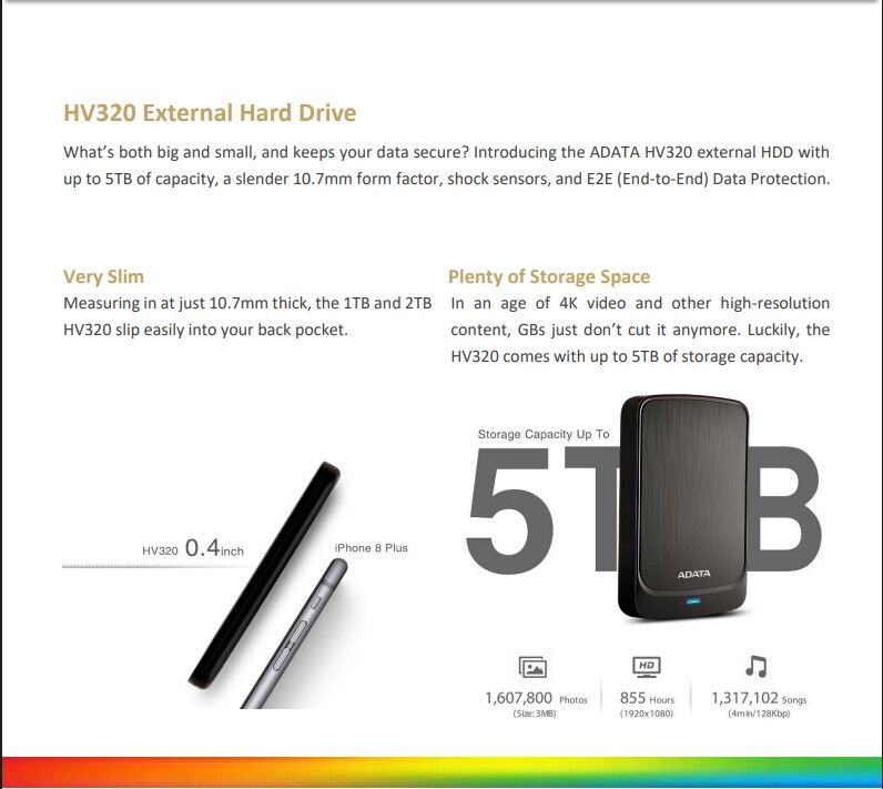 ADATA HV320 External Portable HDD, ‎2TB USB 3.1 2.5inch, UltraSlim NEW