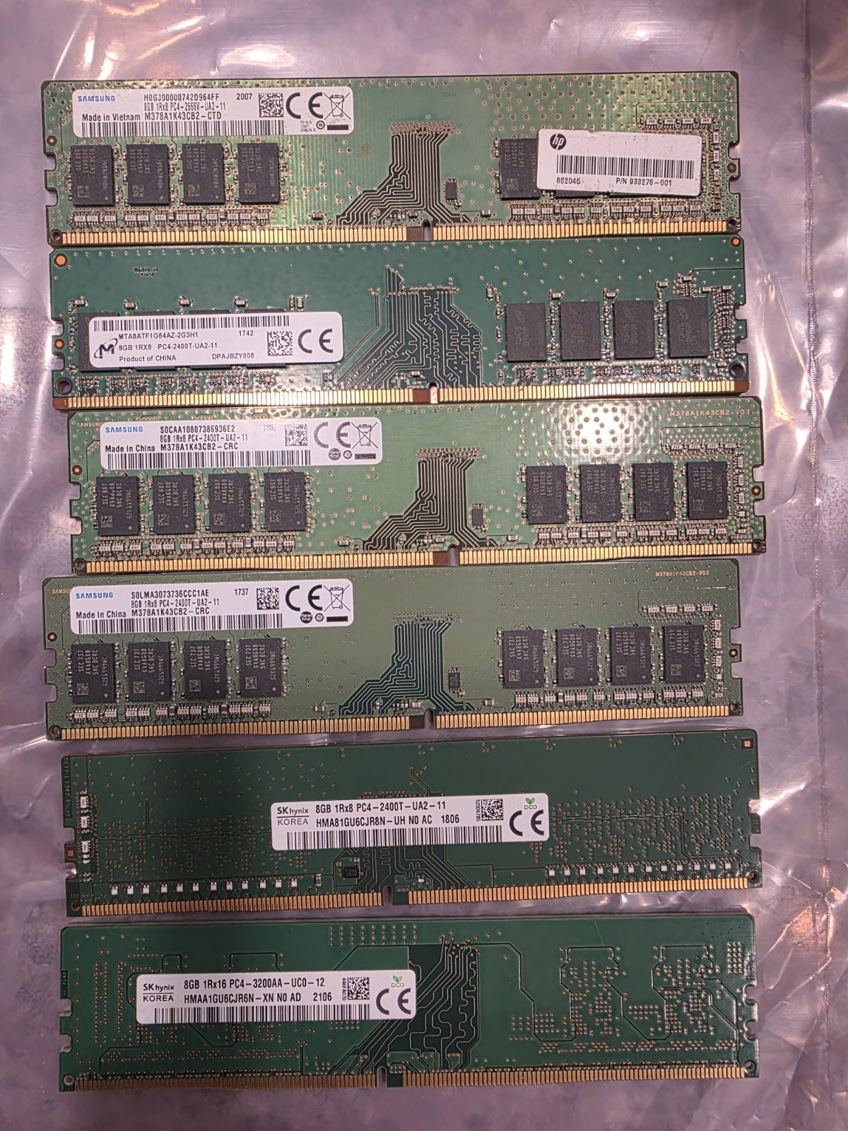 Lot Of 6 8GB DDR4 DIMMs Samsung SKHynix Micron