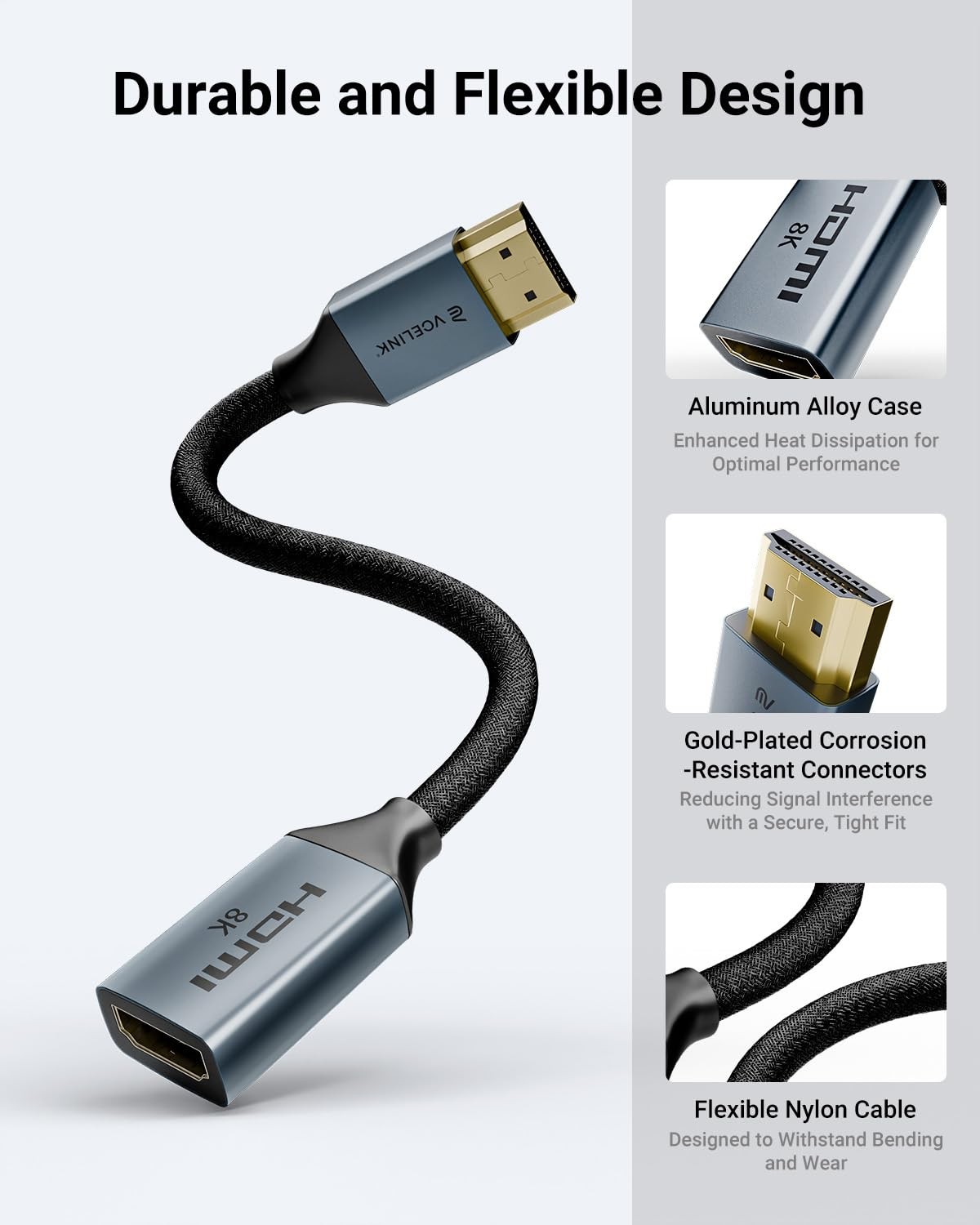8K Short HDMI Extender Cable 0.6FT Male to Female Extension Adapter Black