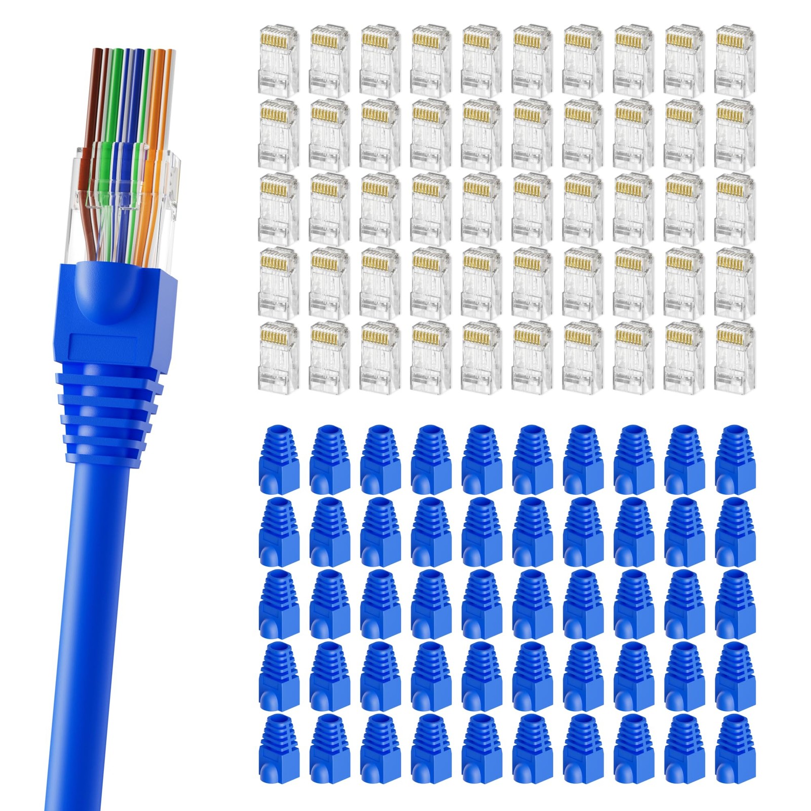 100-Pack Pass-Through RJ45 Connector with Blue Strain Relief Boots, Gold Plat…