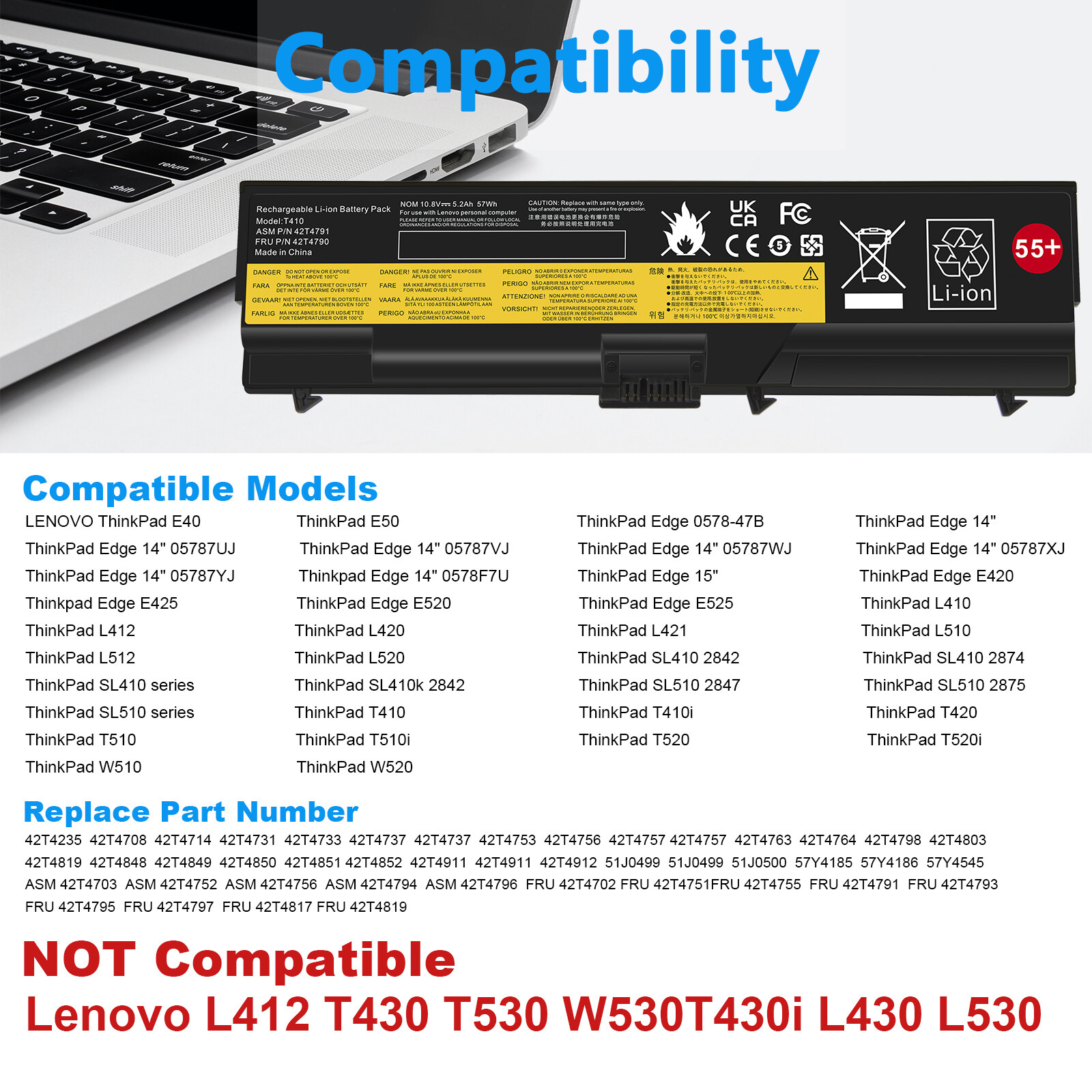 Battery for Lenovo Thinkpad T410 T420 T510 T520 W510 W520 SL410 SL510 5200mAh