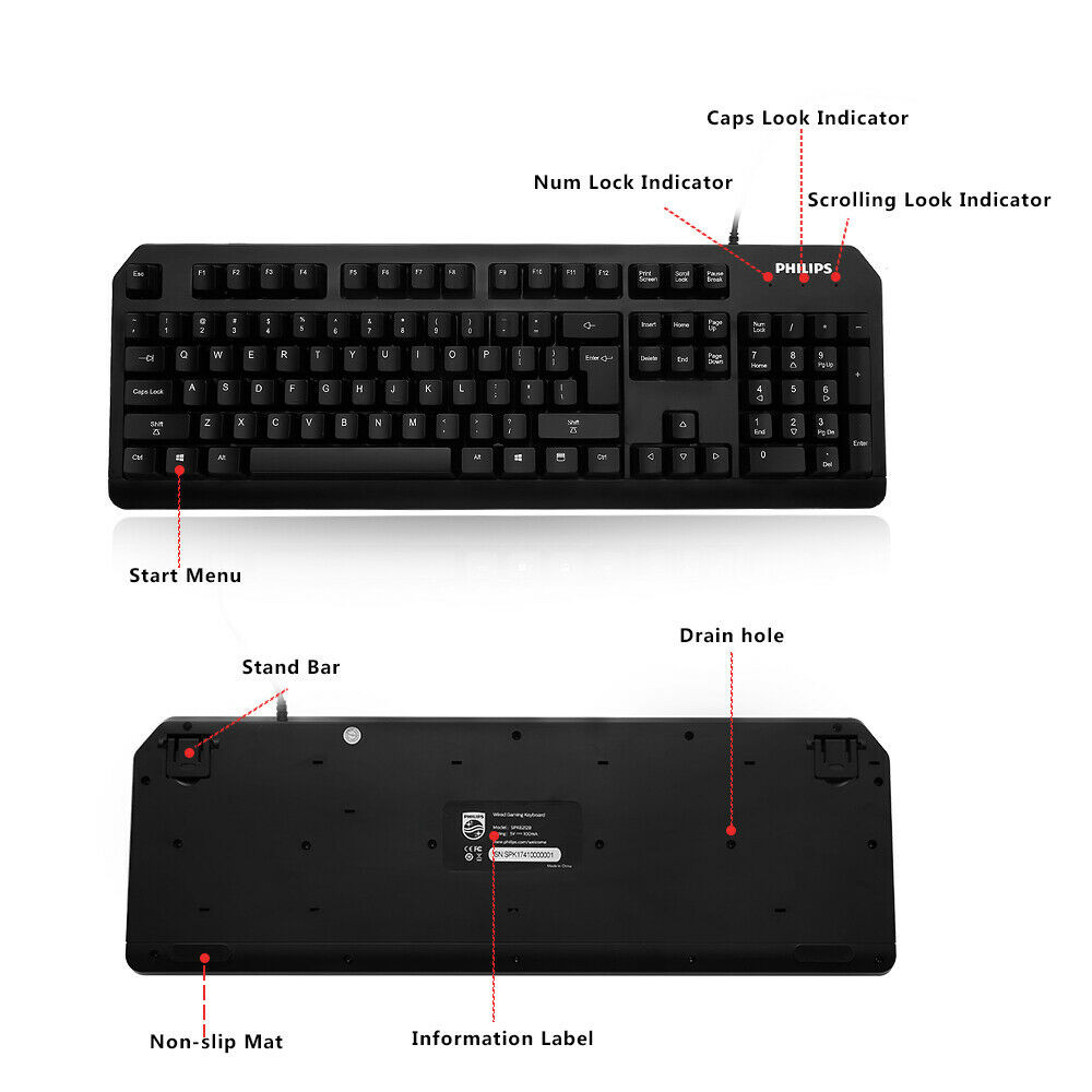 Philips Gaming Keyboard, USB Wired, Full-Size 104 Keys, Black, PC Laptop