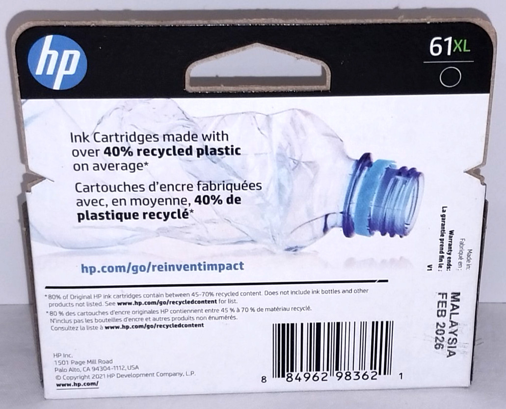 HP 61XL (CH563WN) Black Ink Cartridge Exp 02/2026, GENUINE OEM in Sealed Box NEW
