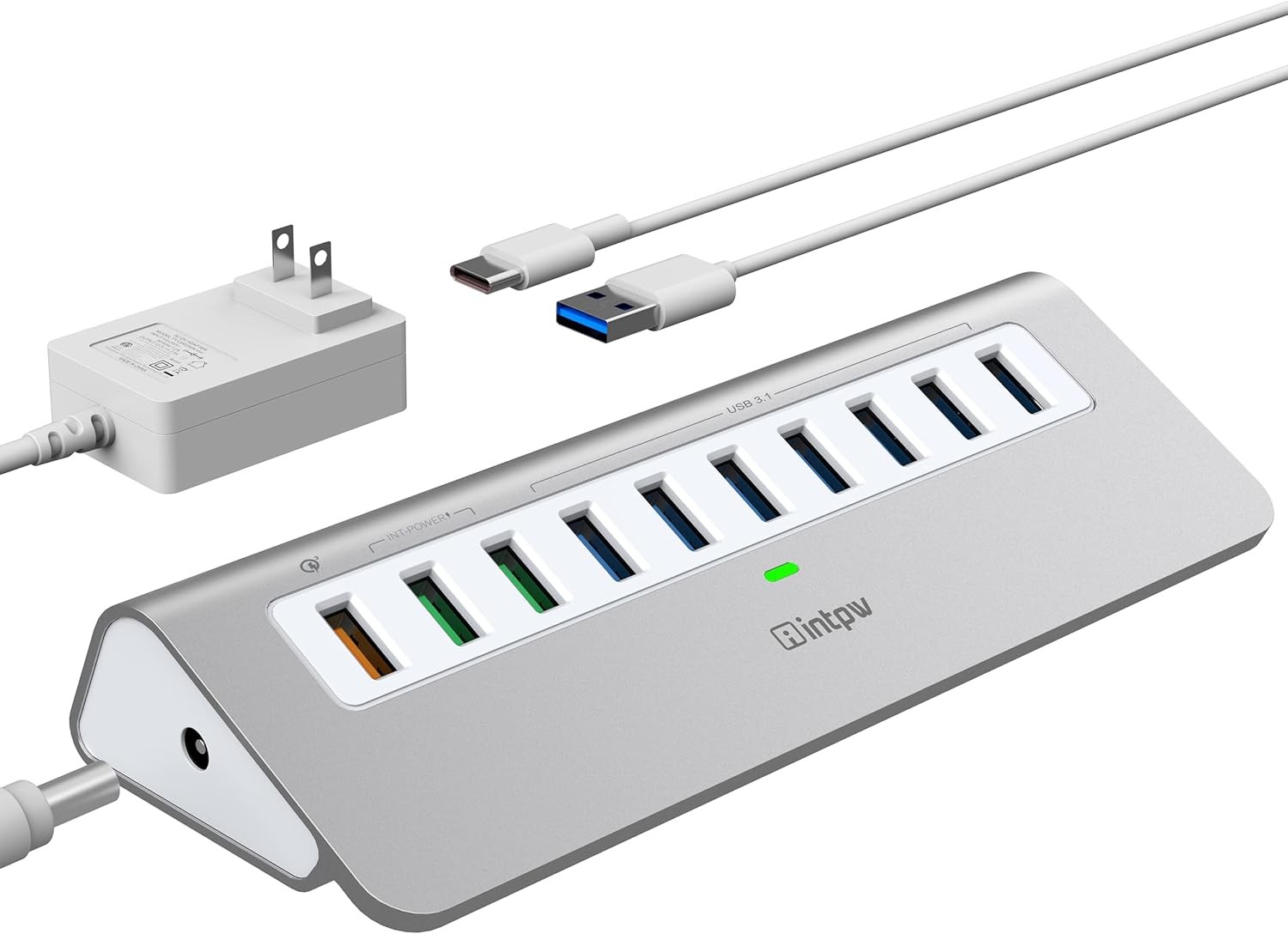 Powered USB Hub 10Gbps, 10 Port USB 3.1 Gen 2 Hub with 7 USB 3.1 Data Ports, 3 F