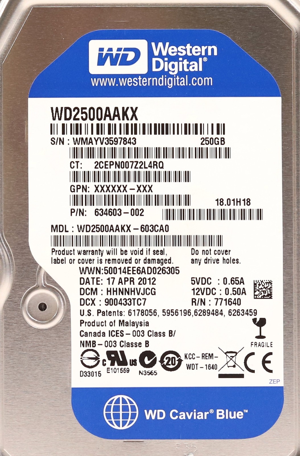 HP WD2500AAKX-603CA0 250GB 3.5″ 6Gb/s 7.2K RPM SATA Hard Drive P/N: 634603-002