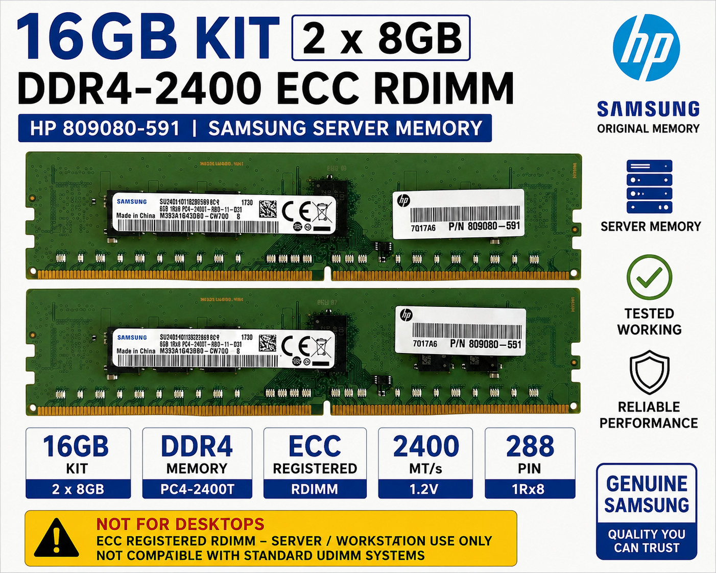 16GB Kit 2x8GB Samsung DDR4-2400 ECC RDIMM PC4-19200 HP 809080-591 Server RAM