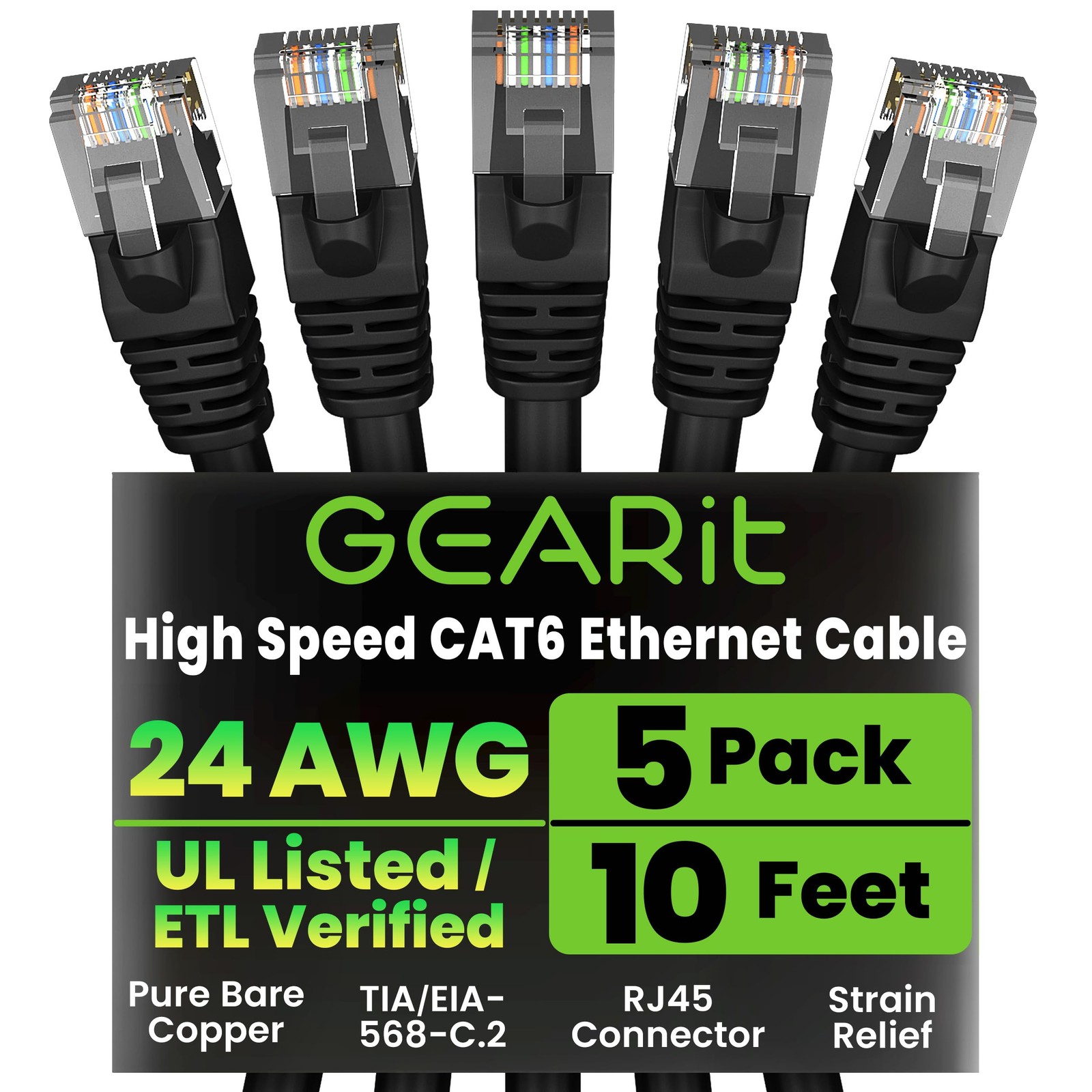 Black 10 Ft 10 Gbps Snagless Gold Plated RJ45 Cat 6 Ethernet Patch Cable 5Pack