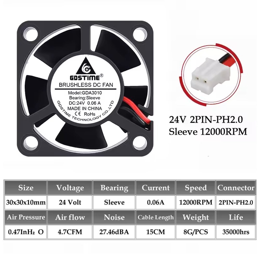 GDSTime 30mm 3010 24V DC Brushless Cooling Fan 5-Blade PH2.0 or XH2.54 Connector